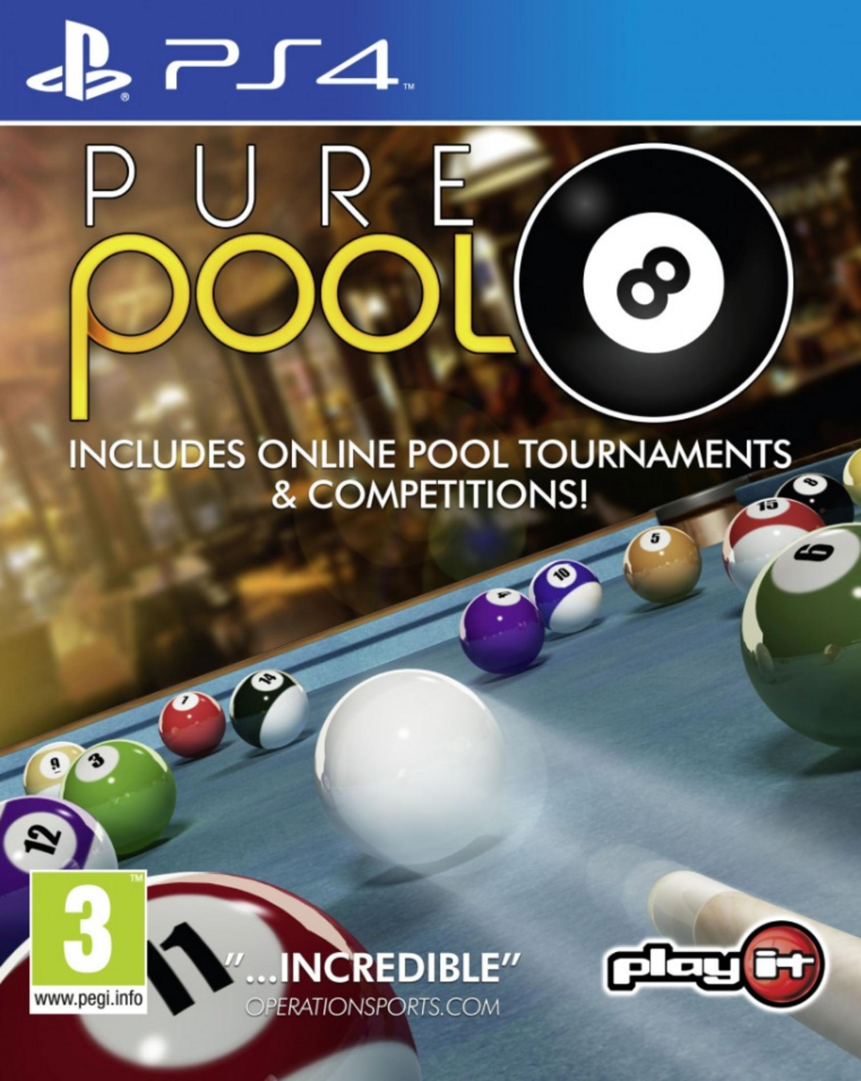PS4 Spielcover für 'Pure Pool' mit Billardkugeln auf einem blauen Tisch.