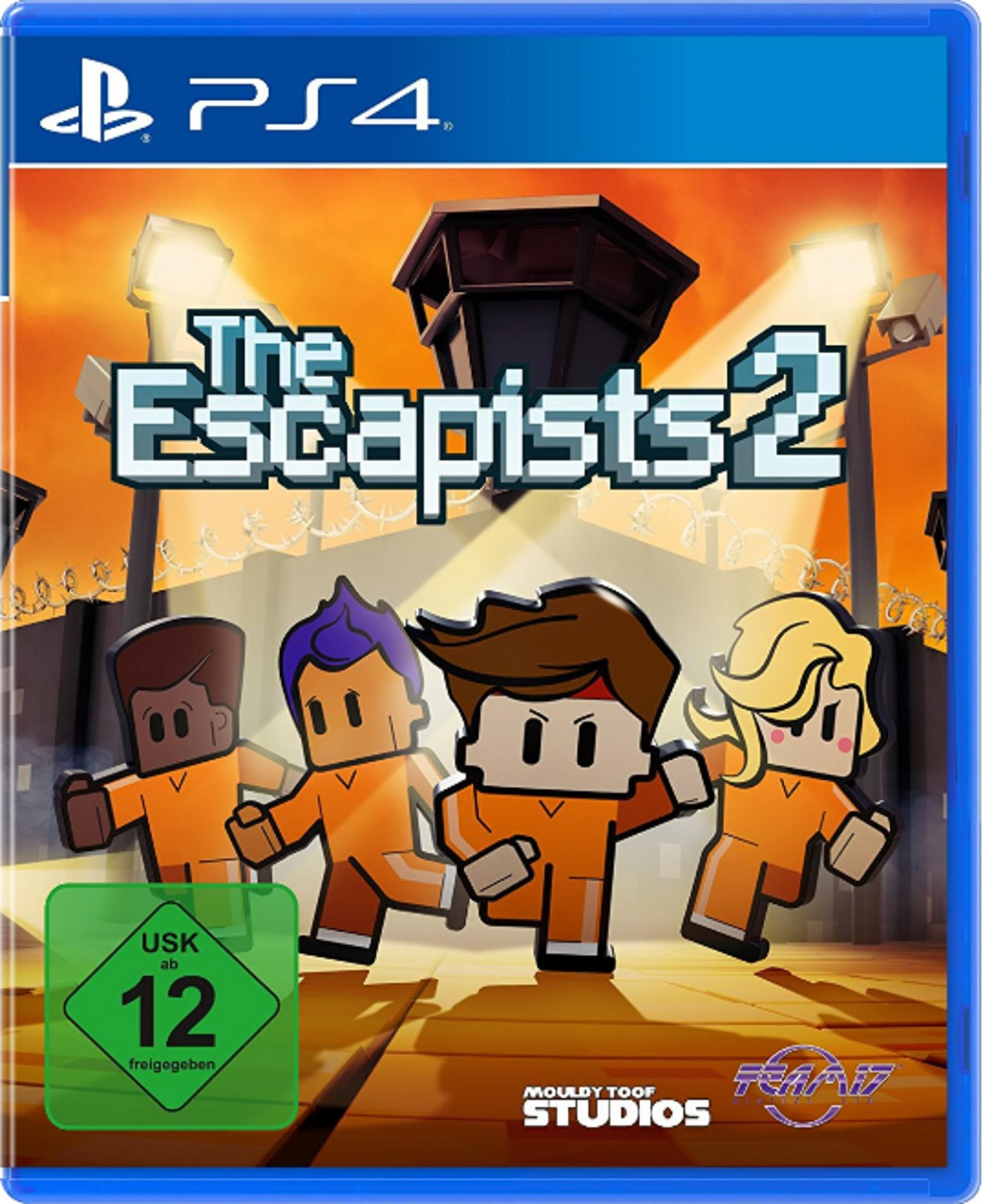 PS4-Spielecover: Vier Cartoon-Gefangene in orangefarbenen Overalls rennen. Das Escapists 2 Logo.