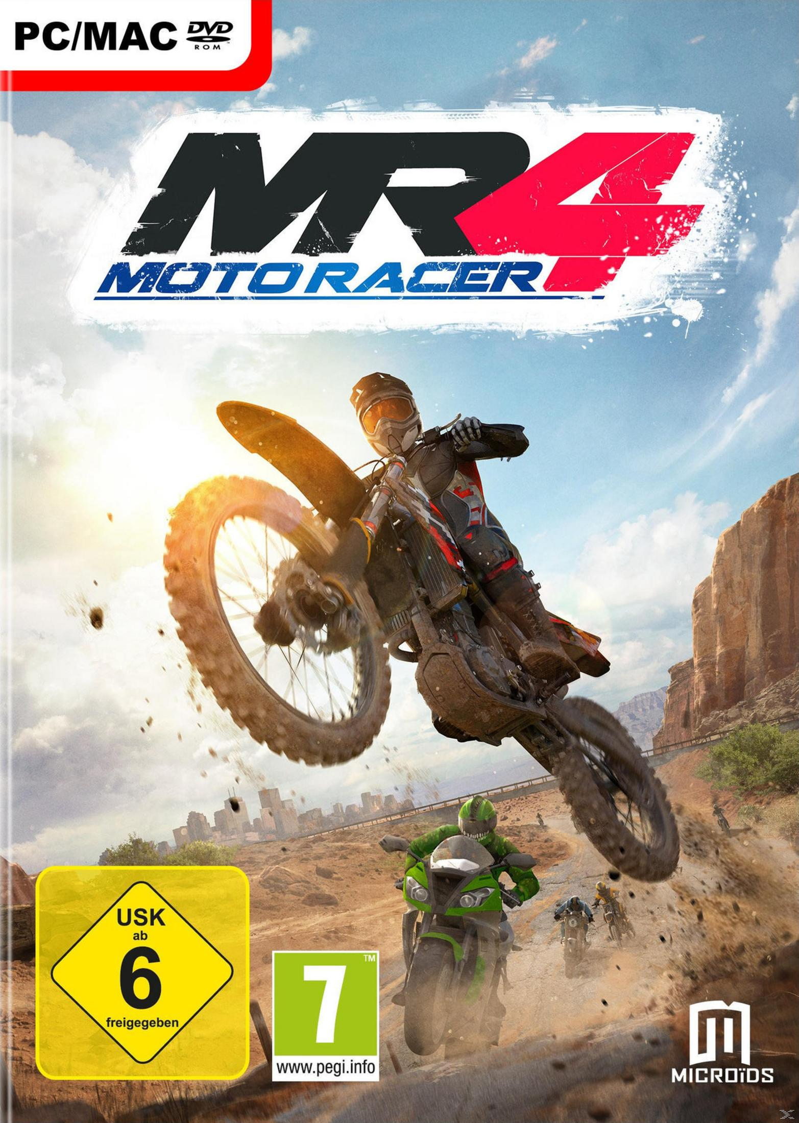 Motocross-Rennspiel: Fahrer springt mit Motorrad durch die Luft, andere fahren im Hintergrund.