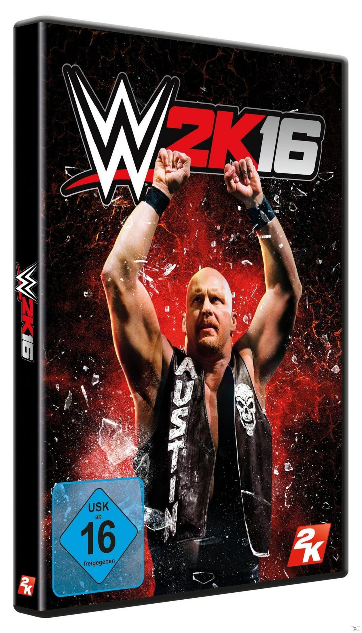 WWE 2K16 Cover: Stone Cold Steve Austin hebt Fäuste, USK 16 Siegel