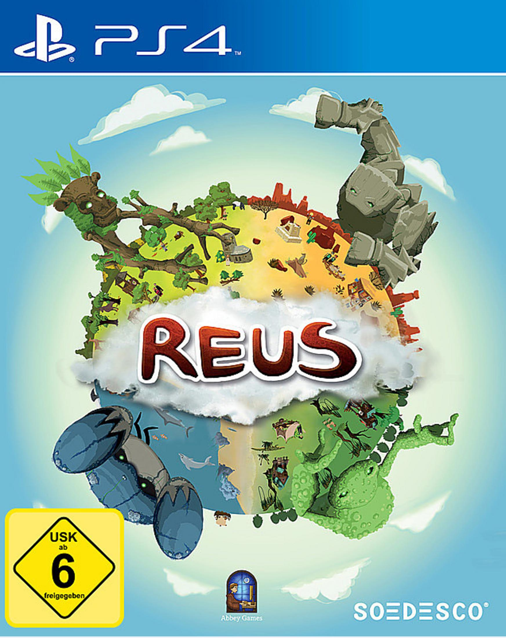 Spielcover mit vier Riesen: Erde, Stein, Grün und Wasser. REUS Logo.