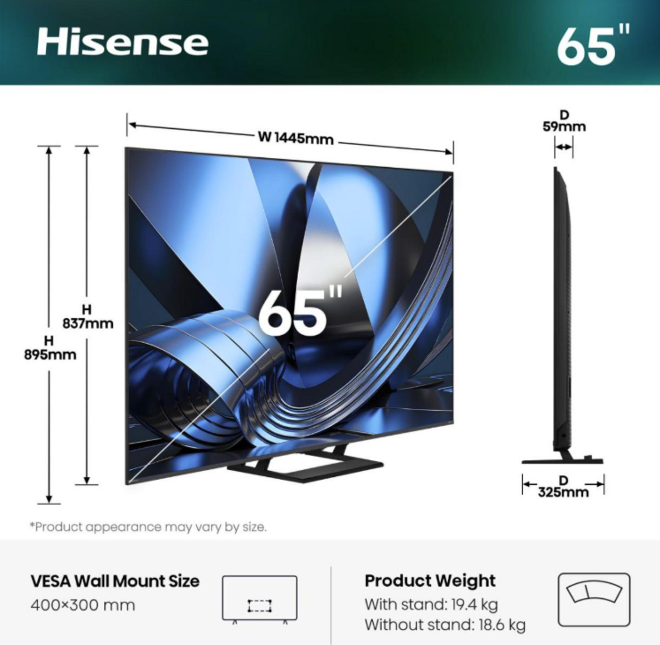 TV Hisense 65 pouces avec dimensions L 1445mm, H 837mm/895mm, P 59mm/325mm.