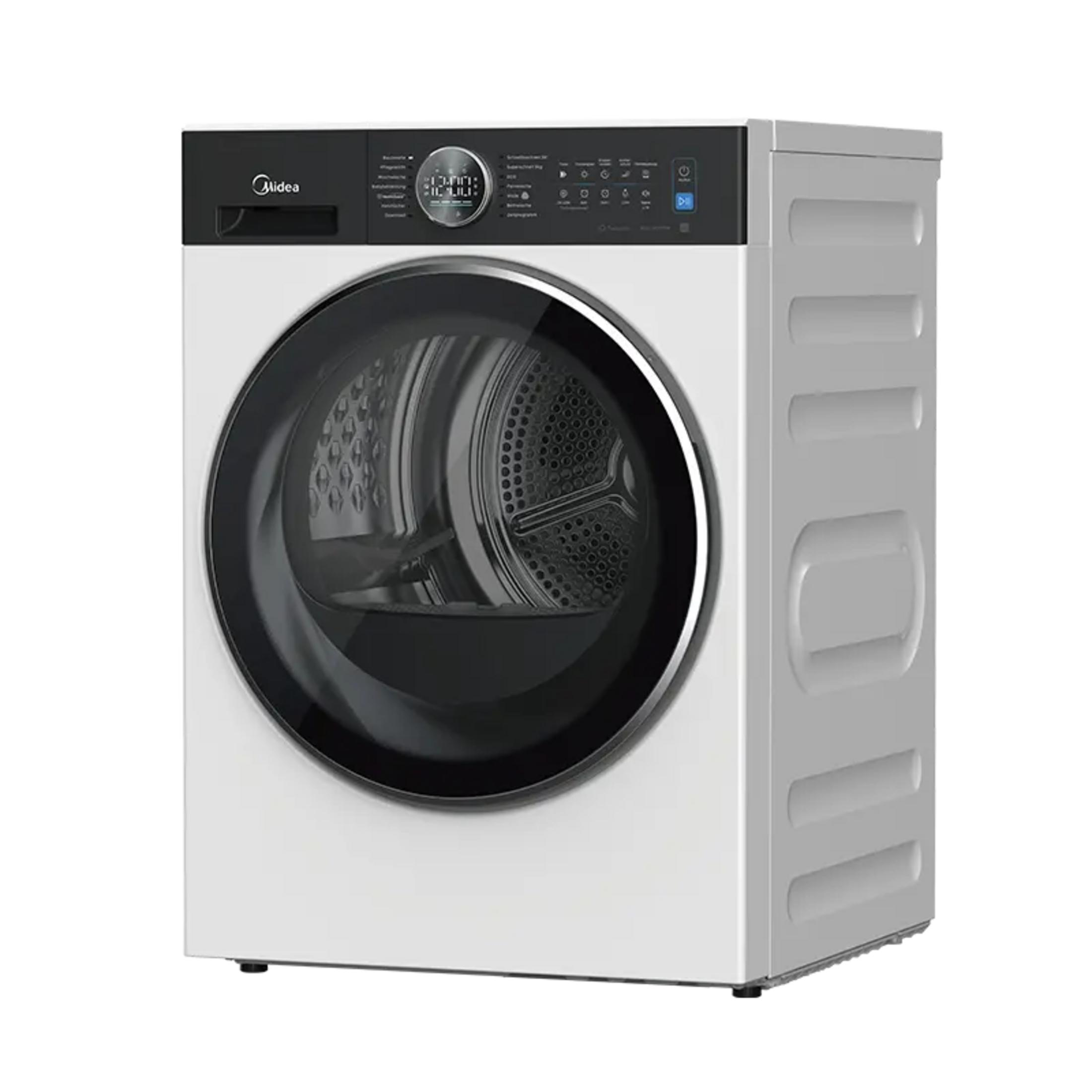 Eine weiße Midea-Waschmaschine mit schwarzem Bedienfeld und runder Glastür.