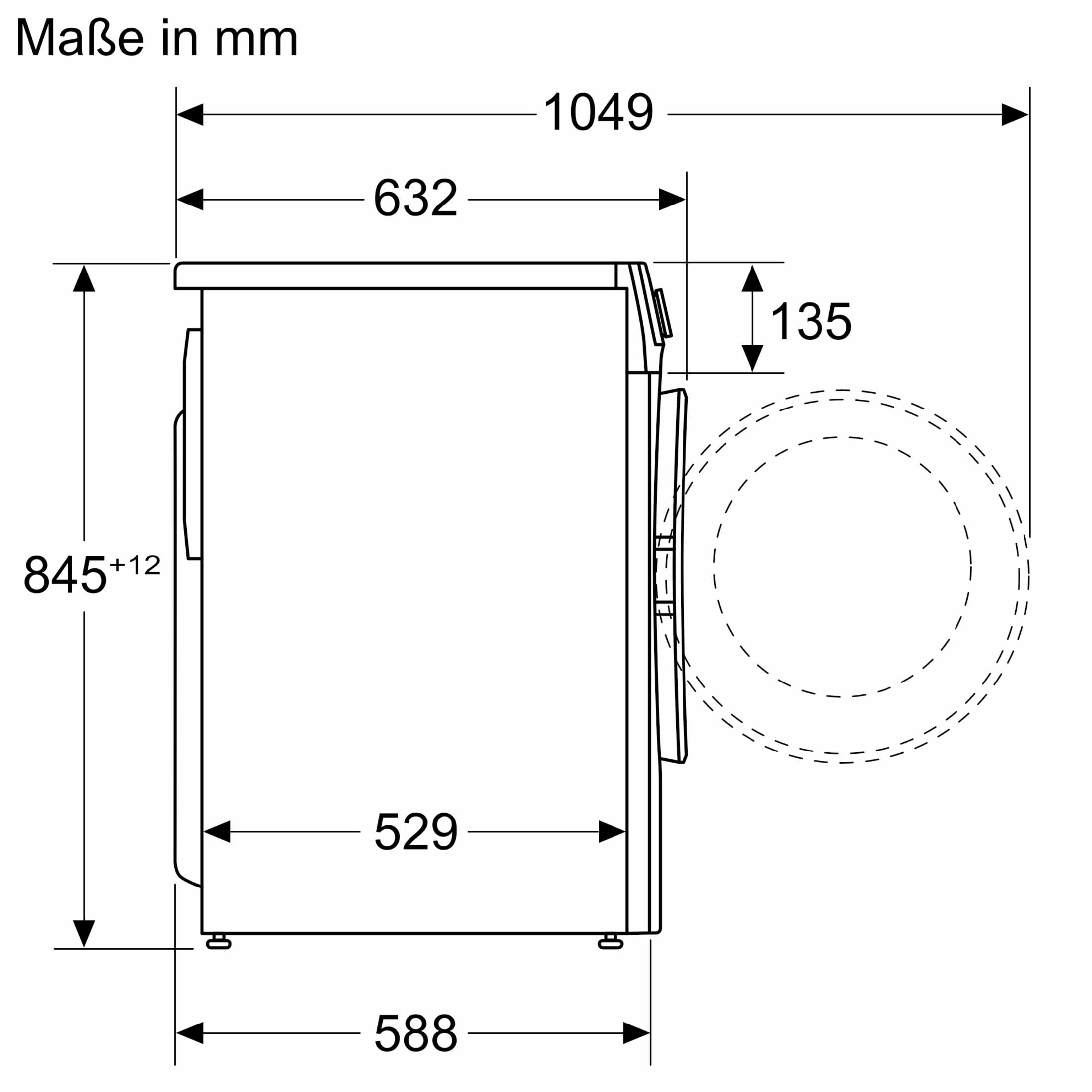 Technische Zeichnung einer Waschmaschine mit Maßen in mm.