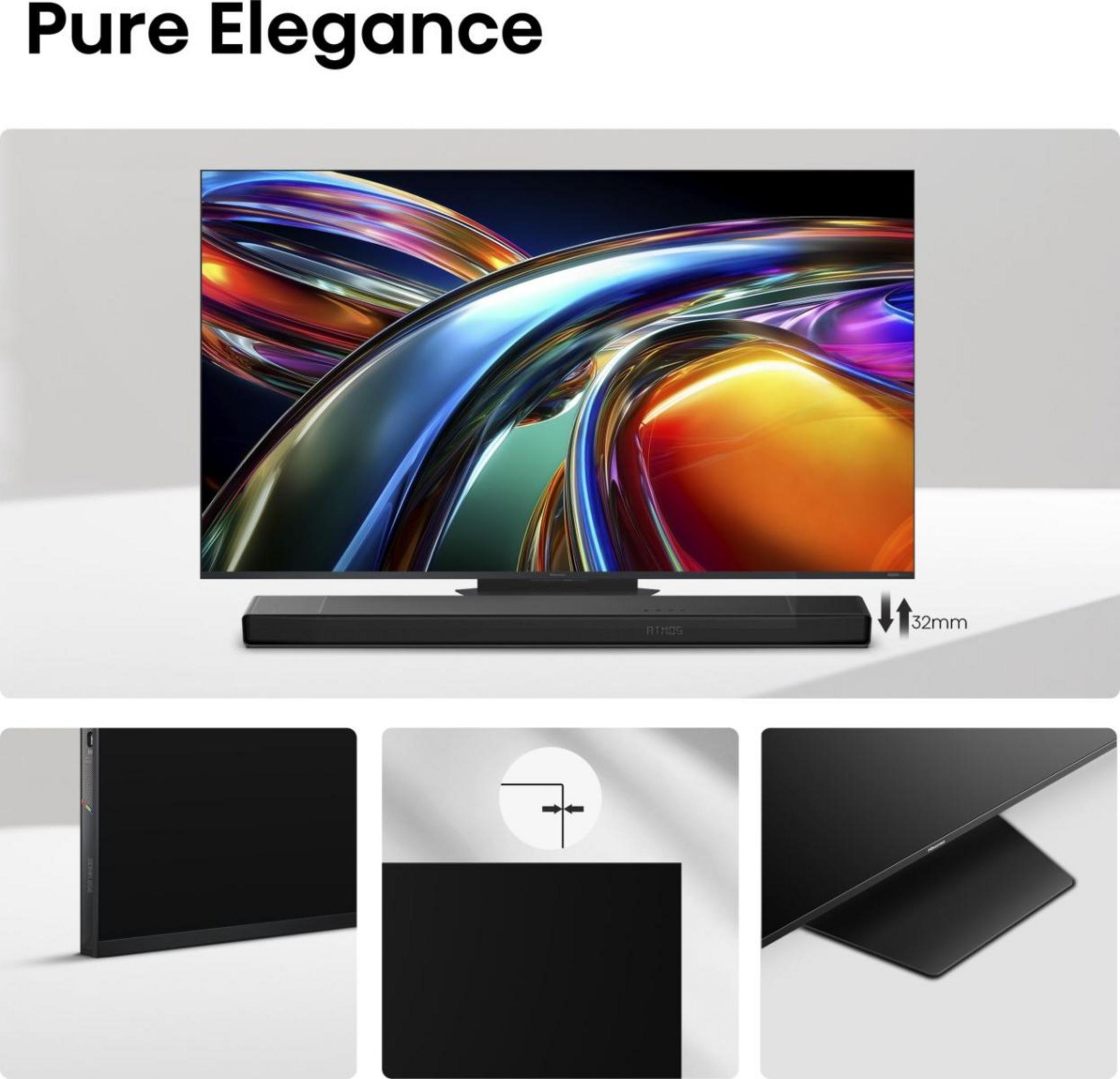 TV moderno con sfondo astratto e soundbar. Dettagli mostrano bordi sottili e profondità di 32mm.