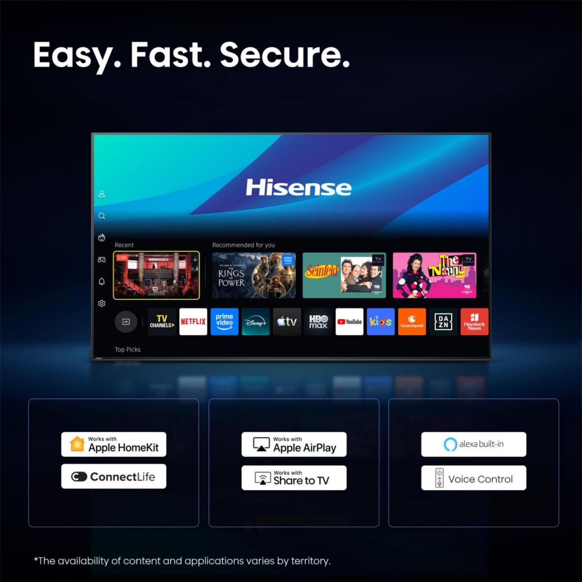 Smart TV Hisense con app come Netflix e Prime Video. Compatibile con Apple HomeKit.