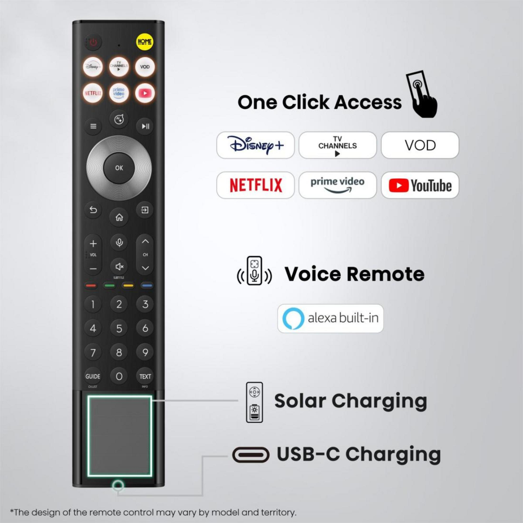 Un telecomando nero per Smart TV con pulsanti app, tastierino numerico, volume e touchpad.