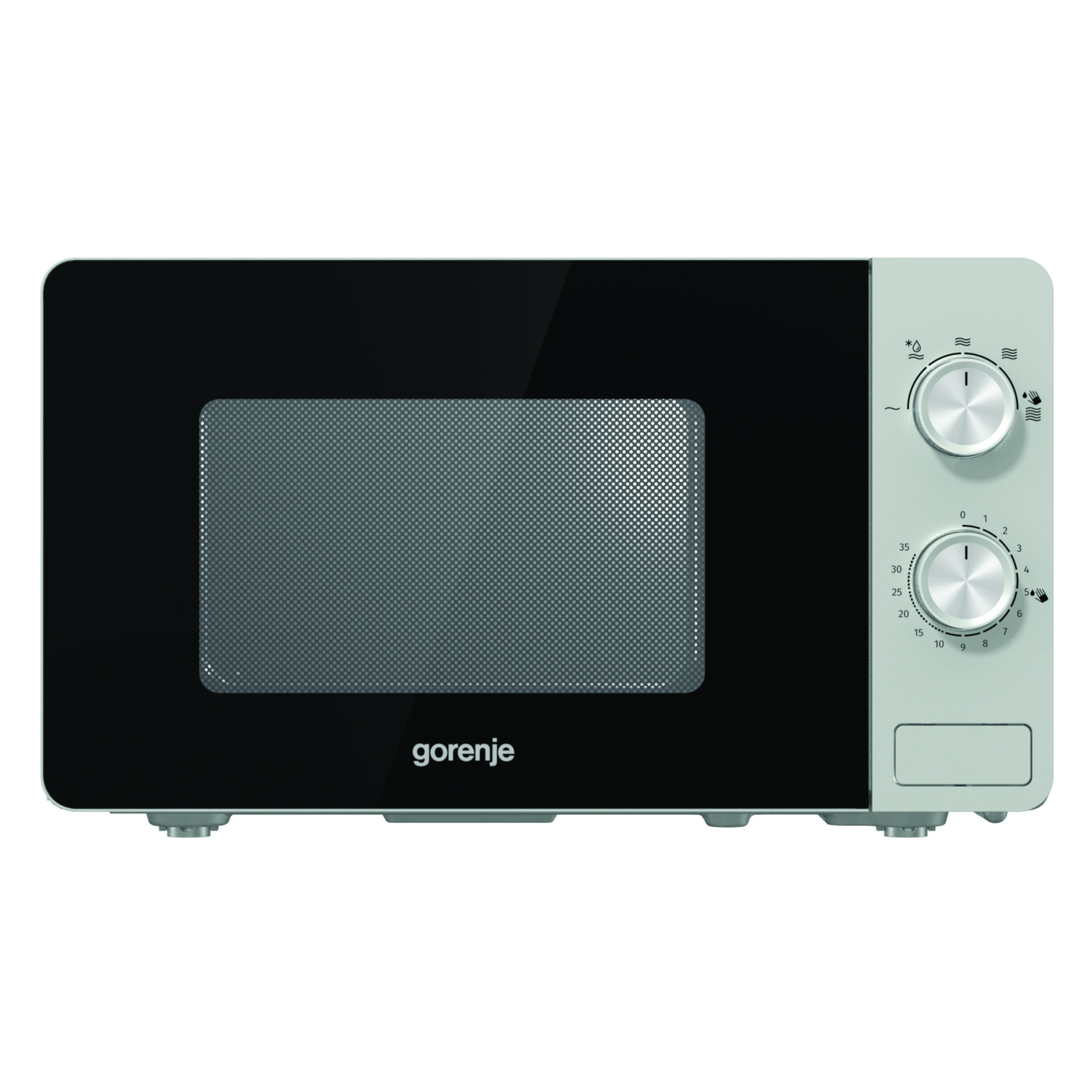 Eine weiße Gorenje Mikrowelle mit schwarzer Tür und silbernen Drehknöpfen.
