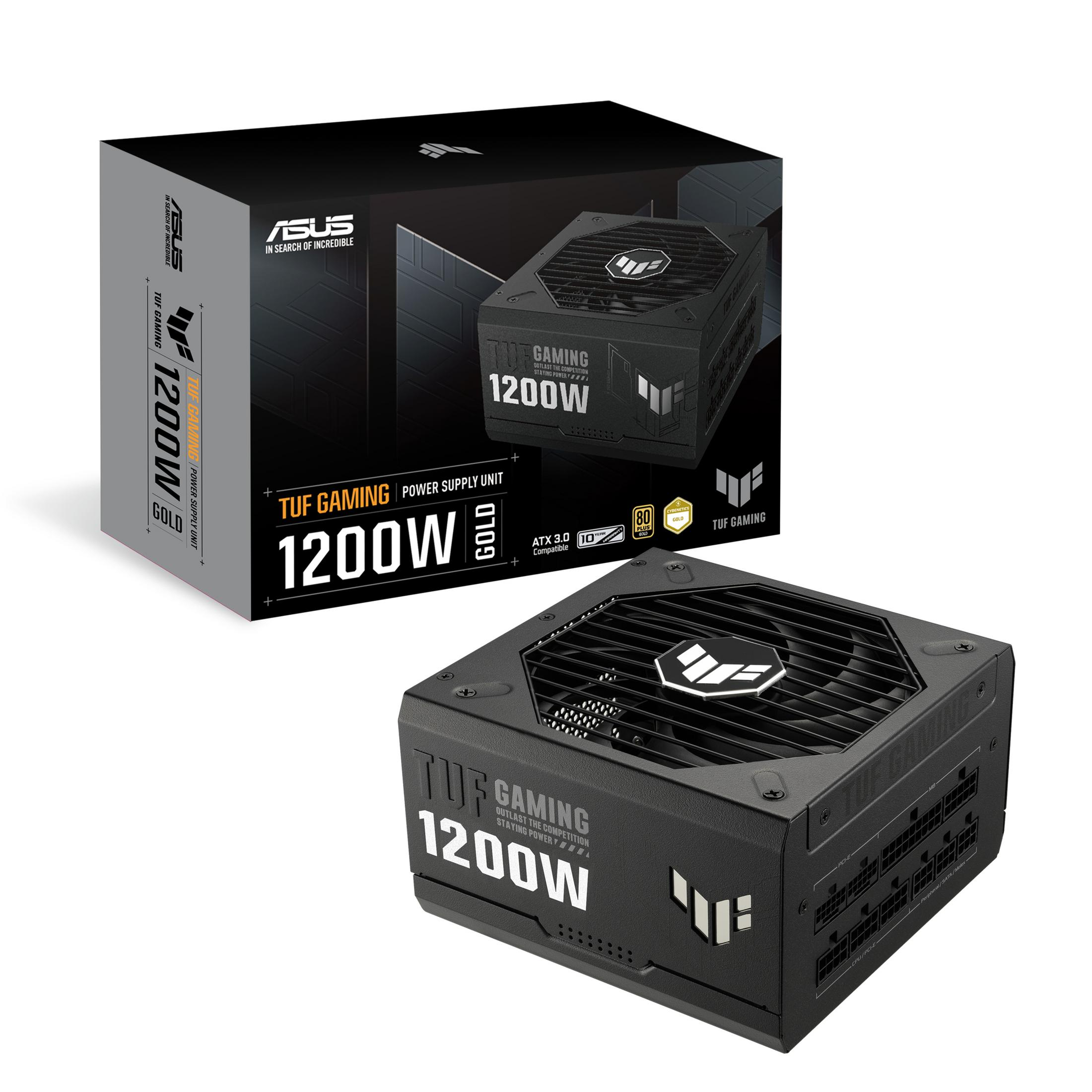 Alimentation ASUS TUF Gaming 1200W noire avec boîte. Ventilateur sur le dessus.
