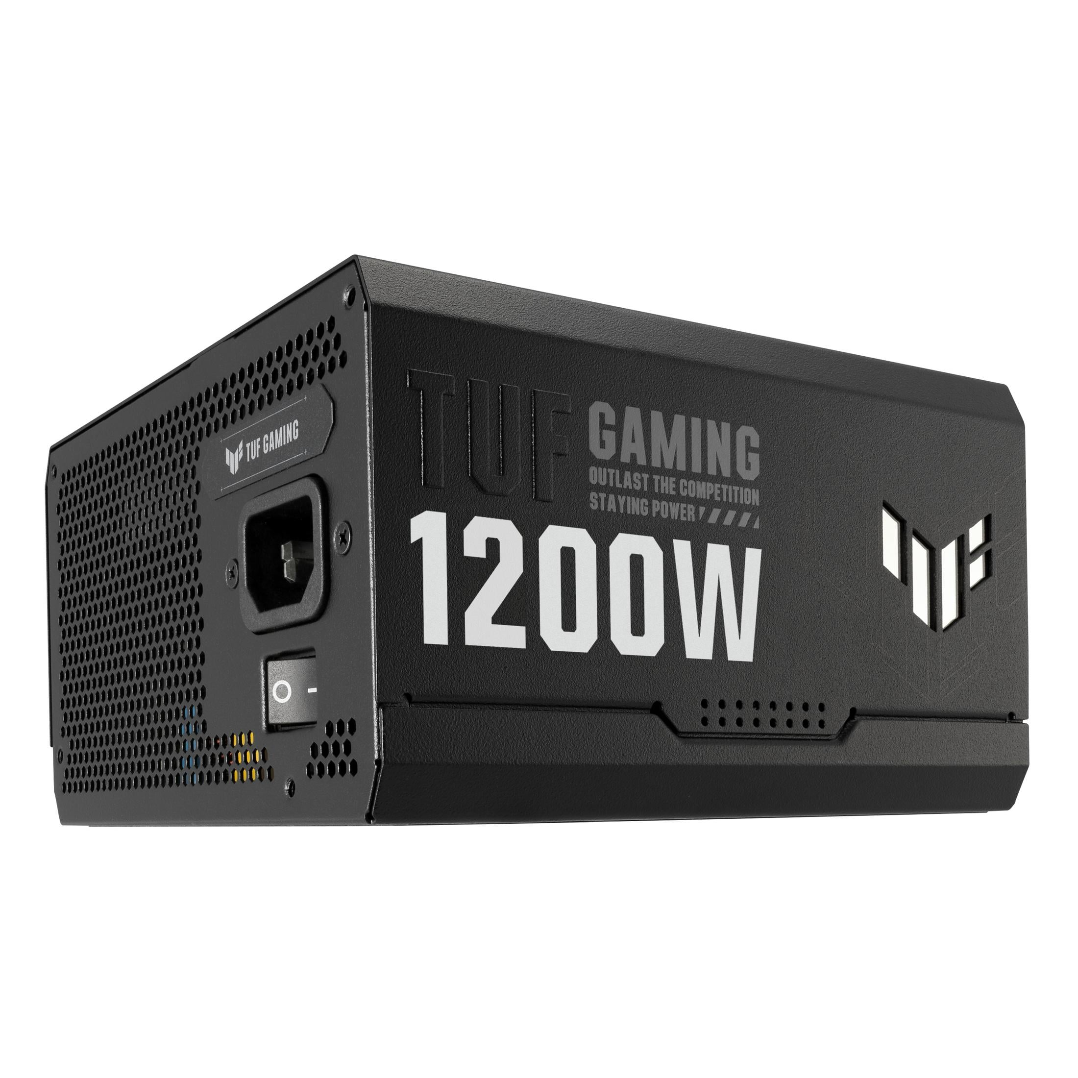 Bloc d'alimentation ASUS TUF Gaming 1200W noir avec trous de ventilation et logo.