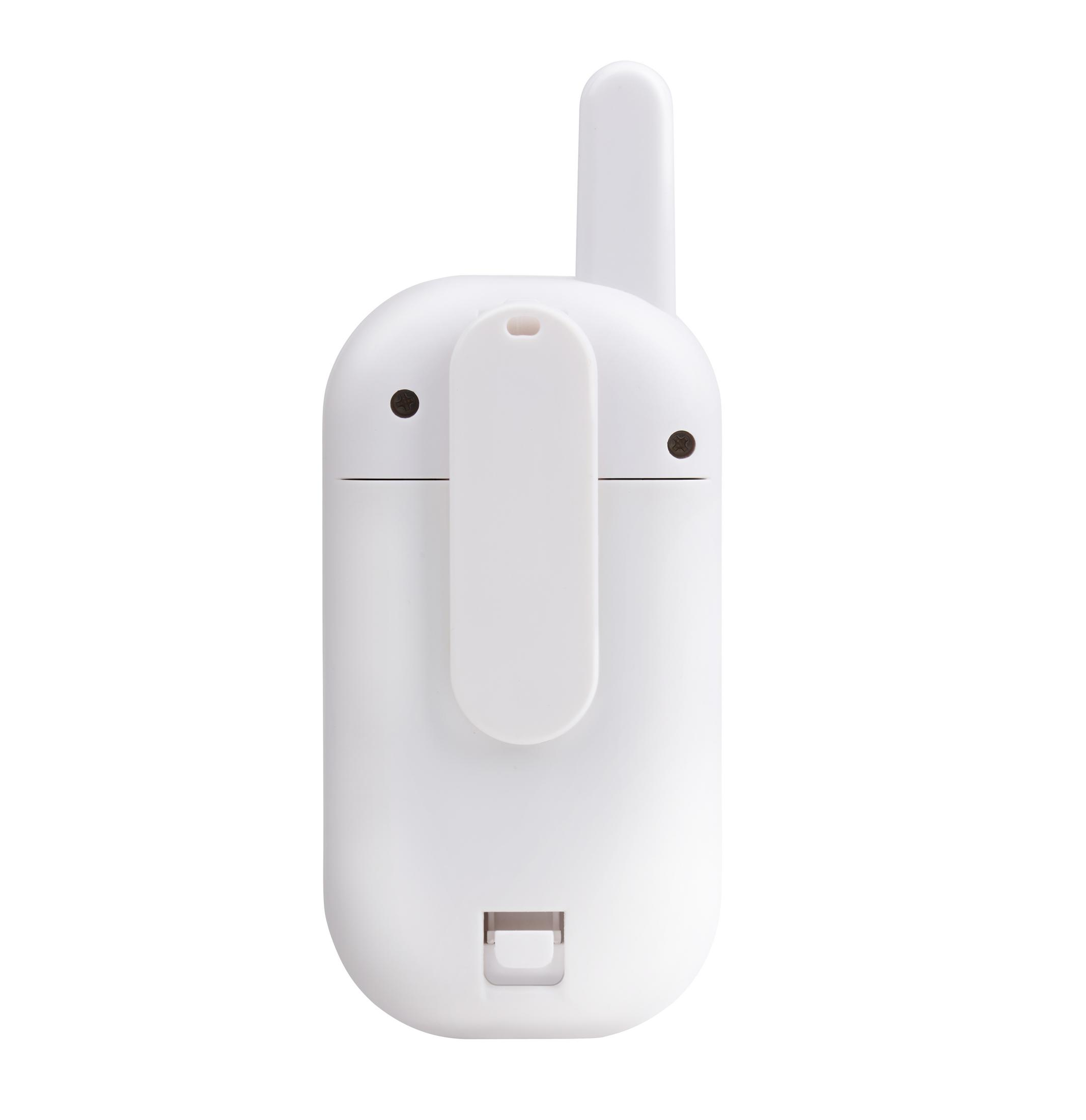 Weiße Babyfon-Einheit mit Antenne, Clip und Ladeanschluss.