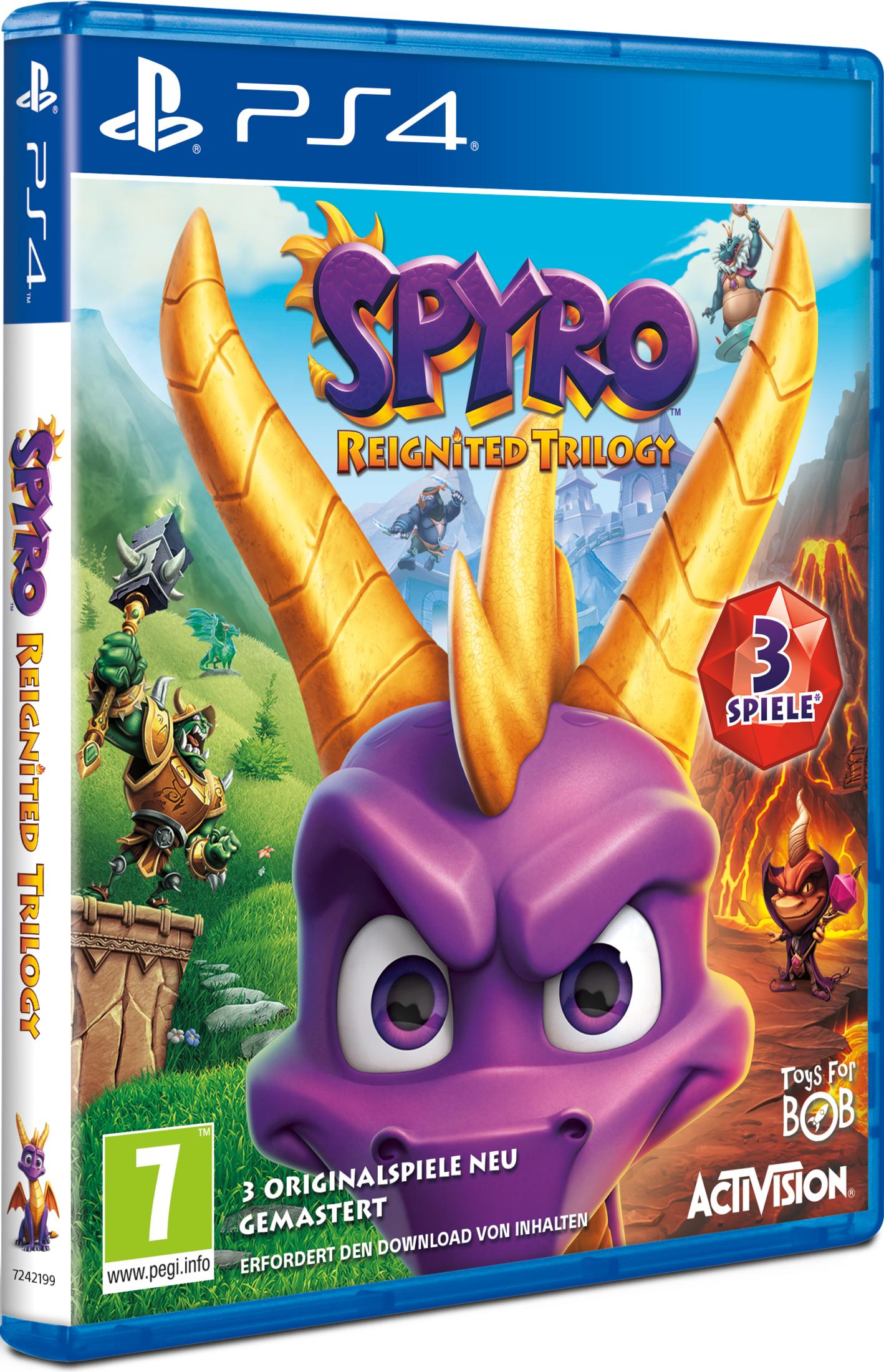 PS4 Hülle: Spyro Reignited Trilogy mit Spyro im Vordergrund, Hintergrund mit Charakteren.