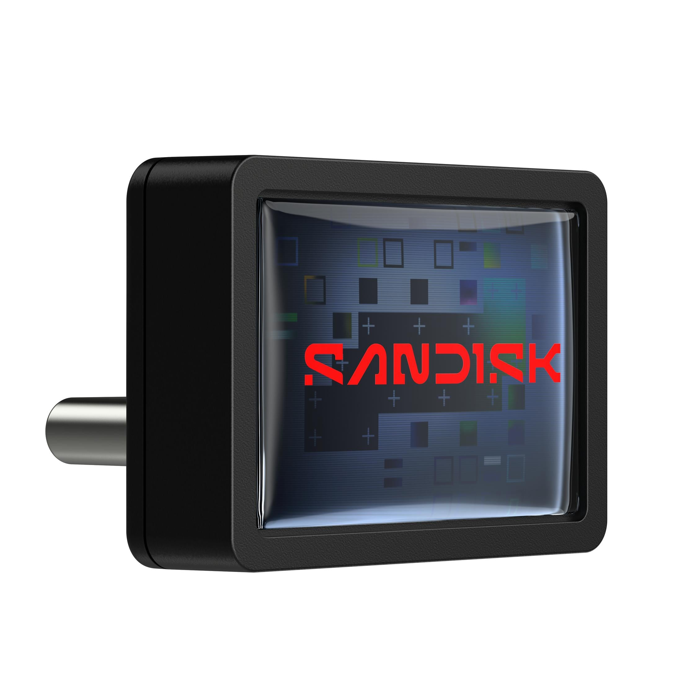 Un adattatore USB nero con spina argentata e un piccolo schermo che mostra il logo Sandisk.
