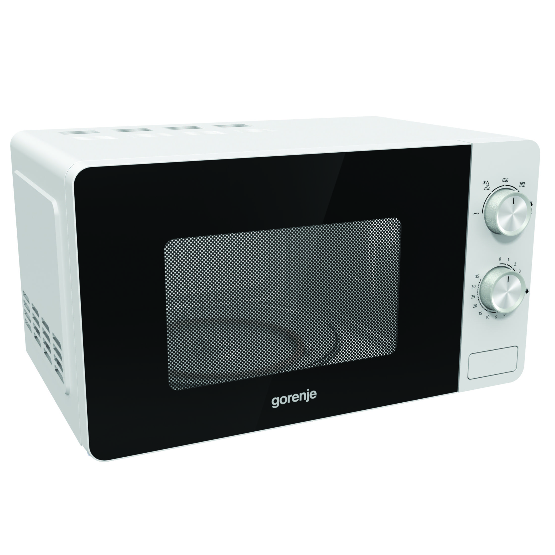 Un microonde bianco Gorenje con porta nera e due manopole rotanti.