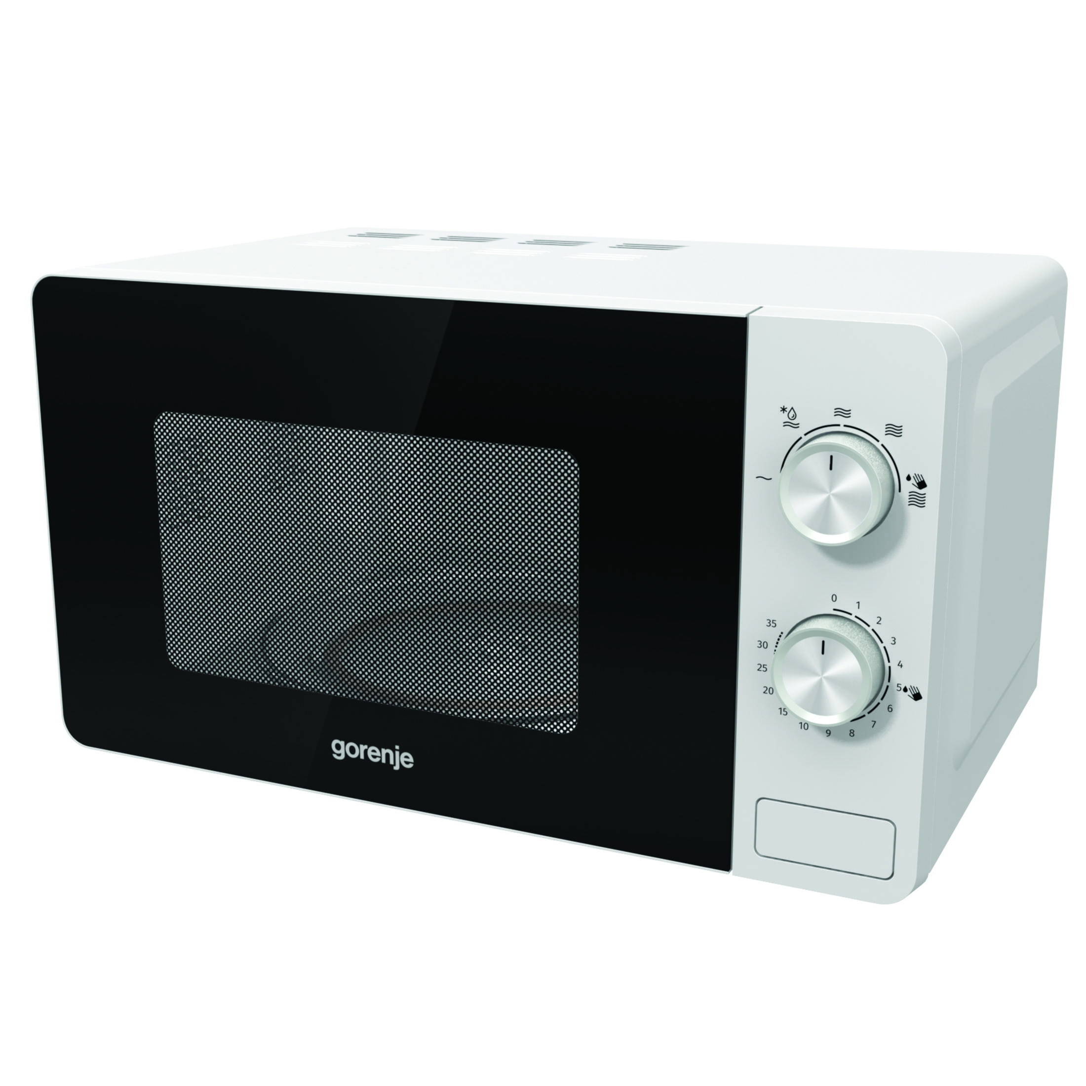 Forno a microonde Gorenje bianco con porta nera e due manopole.
