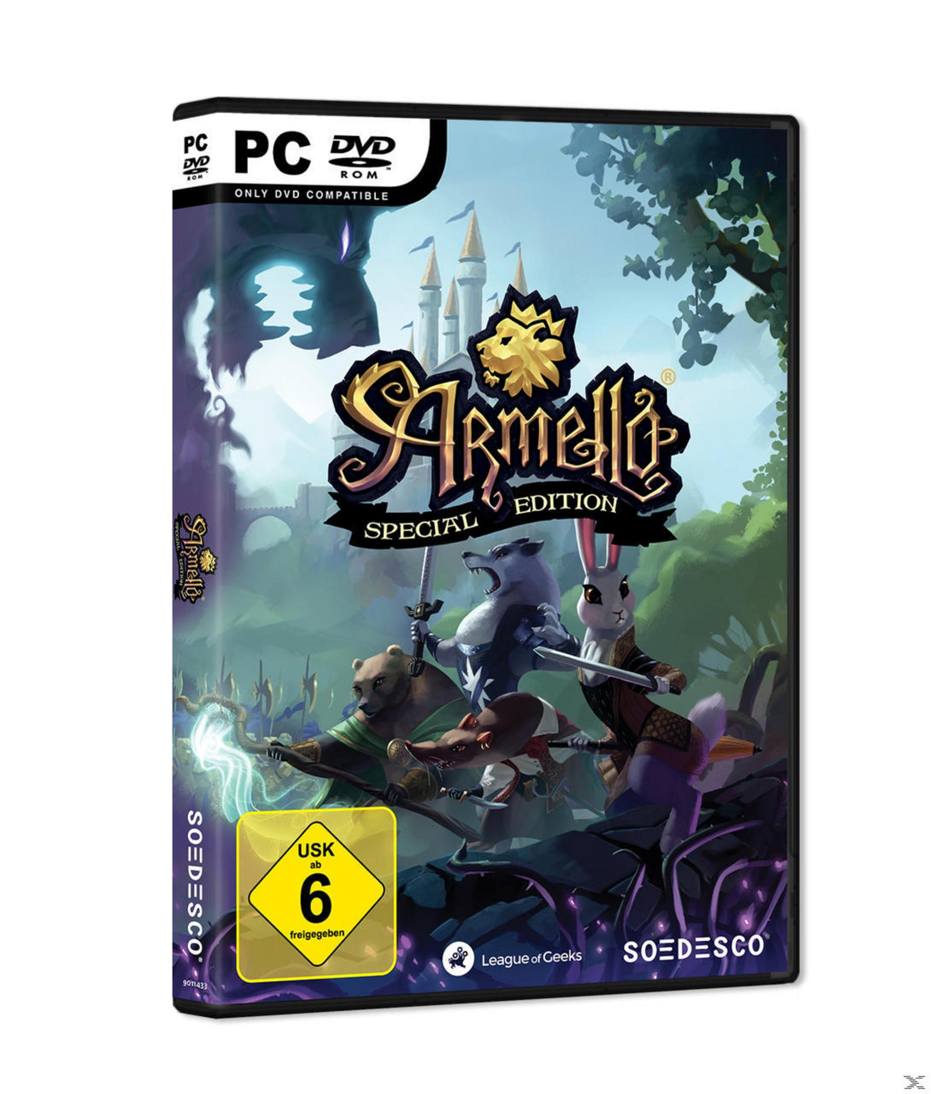 Armello PC DVD Hülle mit Tiercharakteren, Burg und USK 6 Siegel.