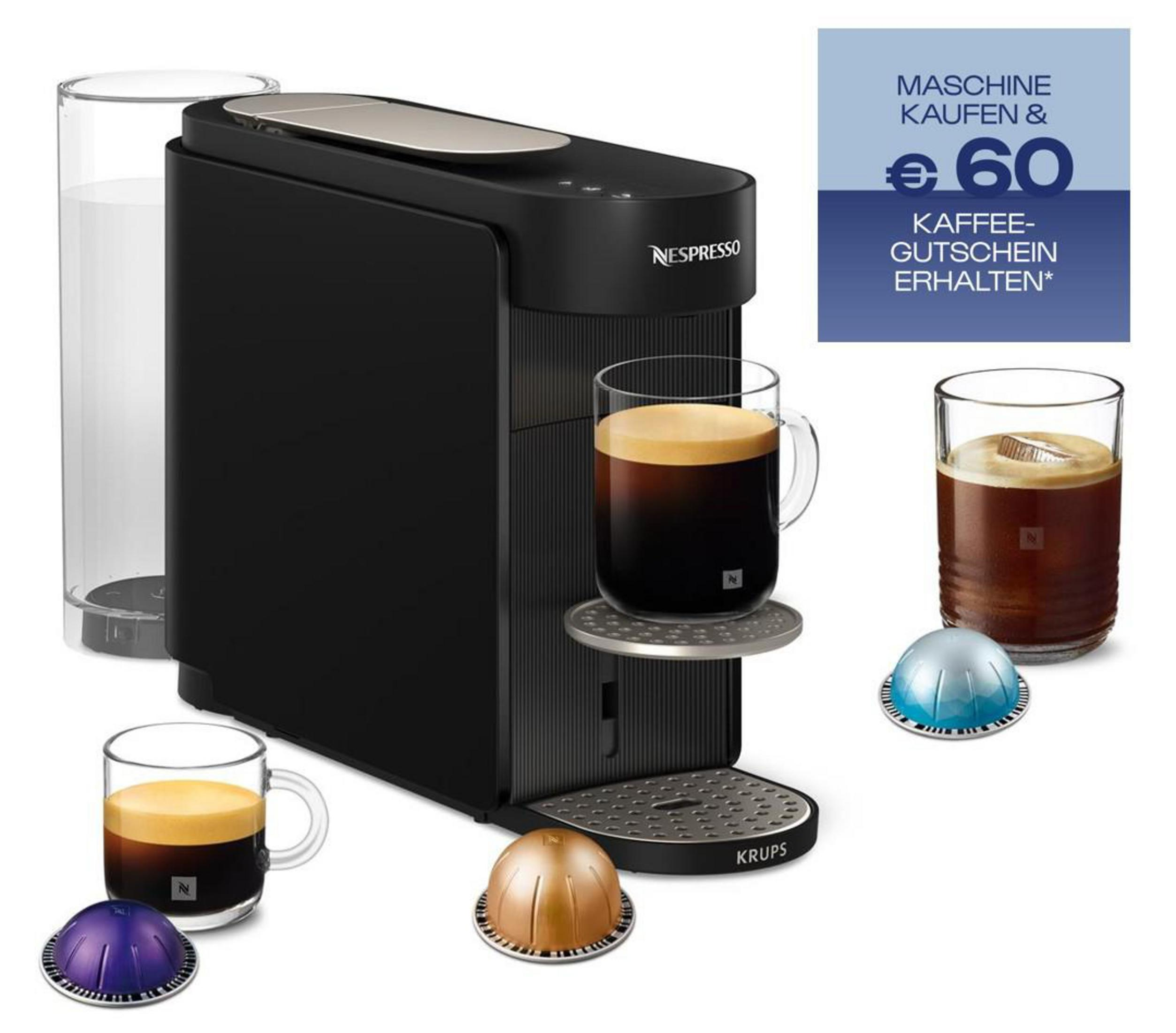 Schwarze Nespresso Kaffeemaschine mit drei Kaffeekapseln und zwei Tassen Kaffee.