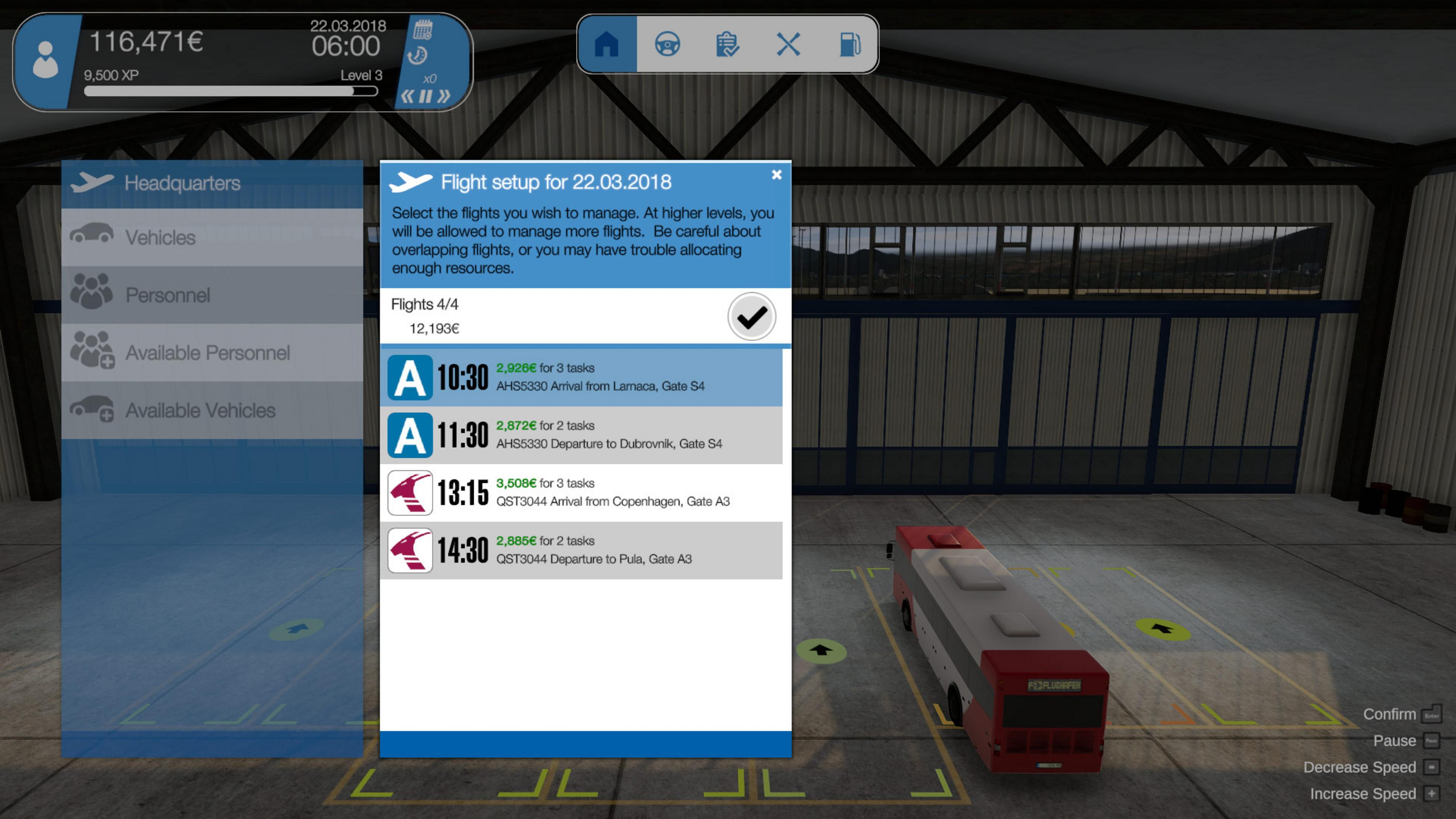 Flugzeug-Menü mit Flugdetails, Fahrzeugen und Personaloptionen.