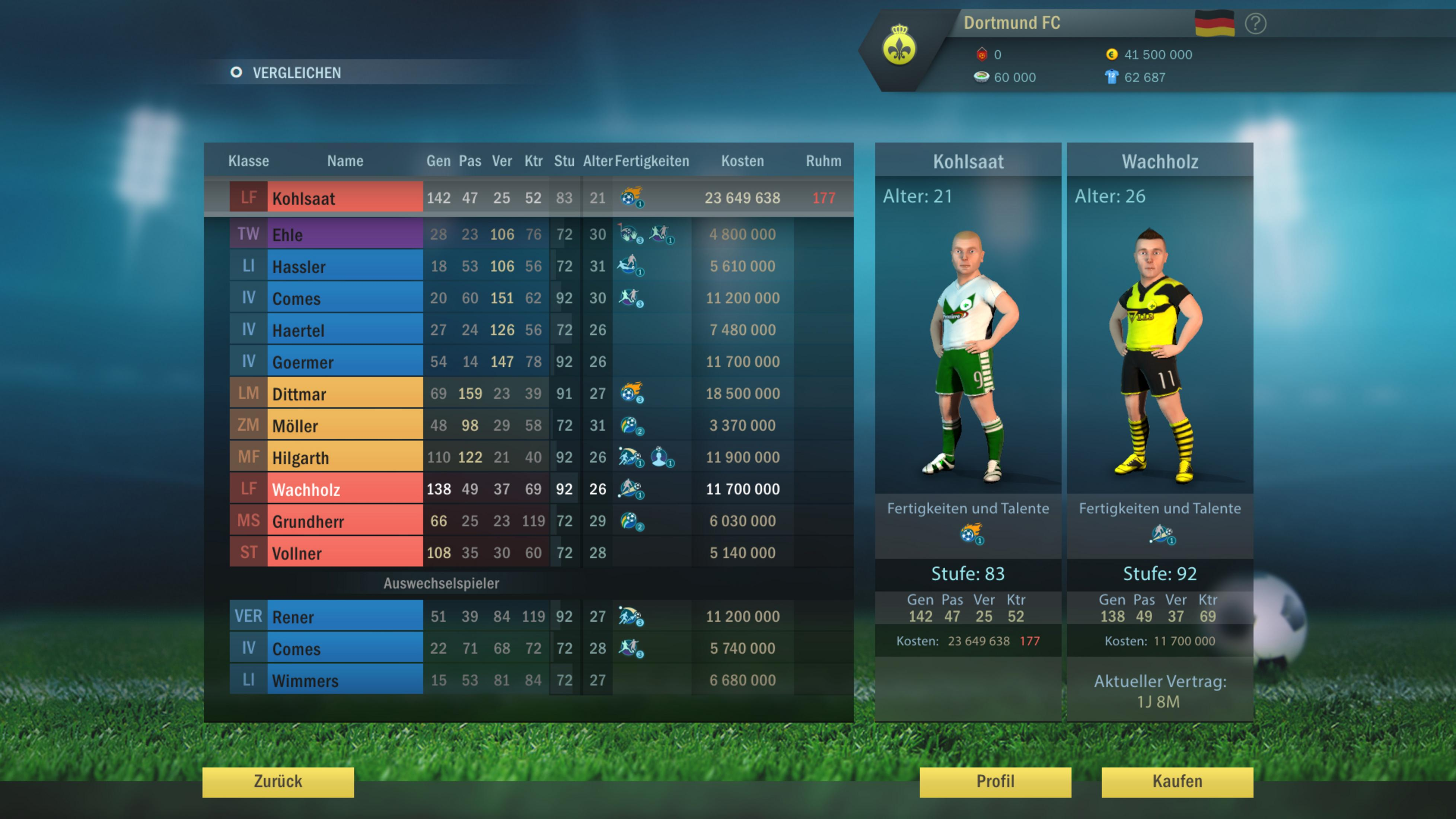 Bildschirm für Fußballmanager: Spielerliste mit Statistiken und zwei Spieler im Porträt.