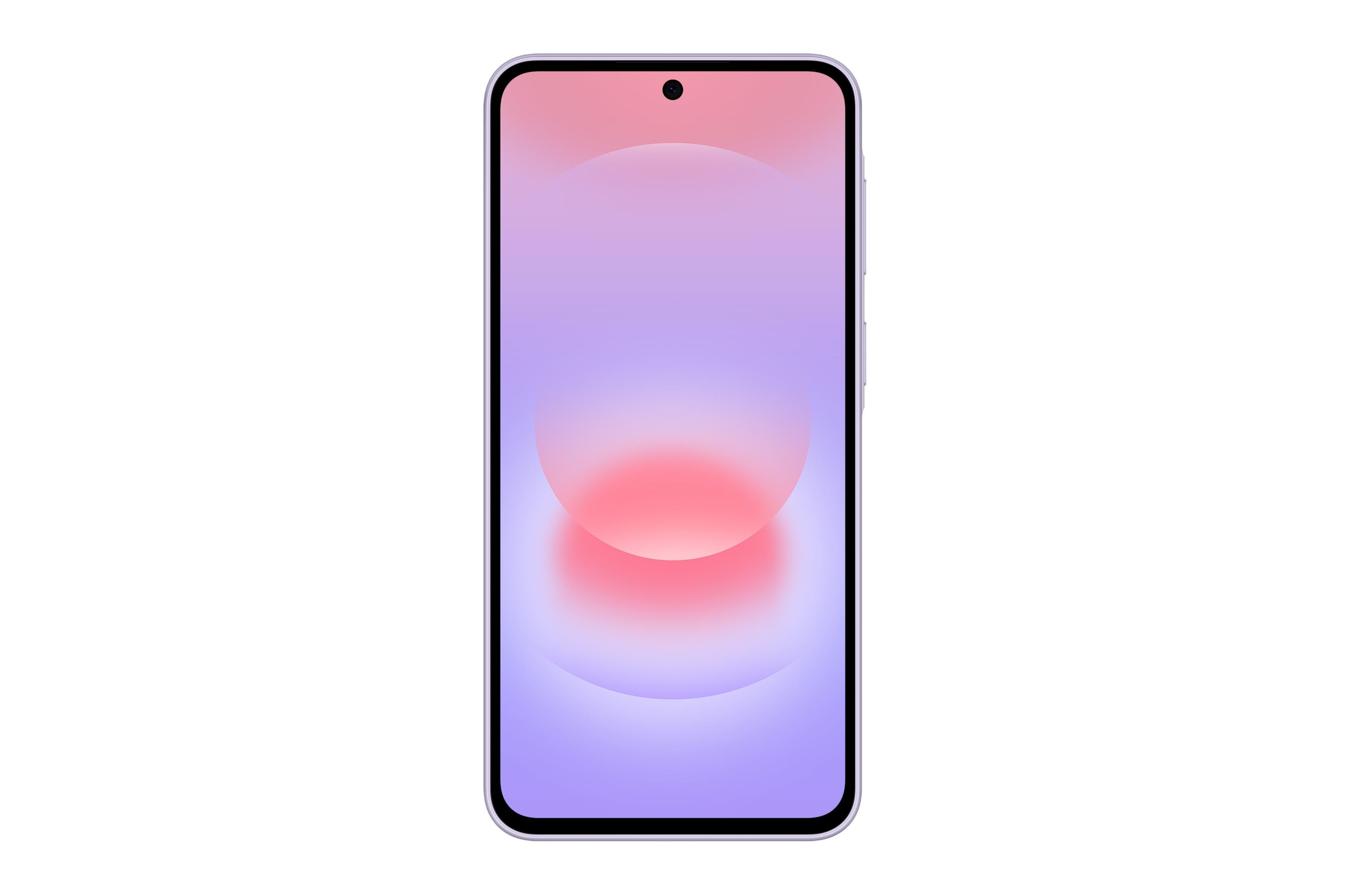 Un smartphone con un fondo de pantalla degradado brillante en tonos púrpuras y rojos.