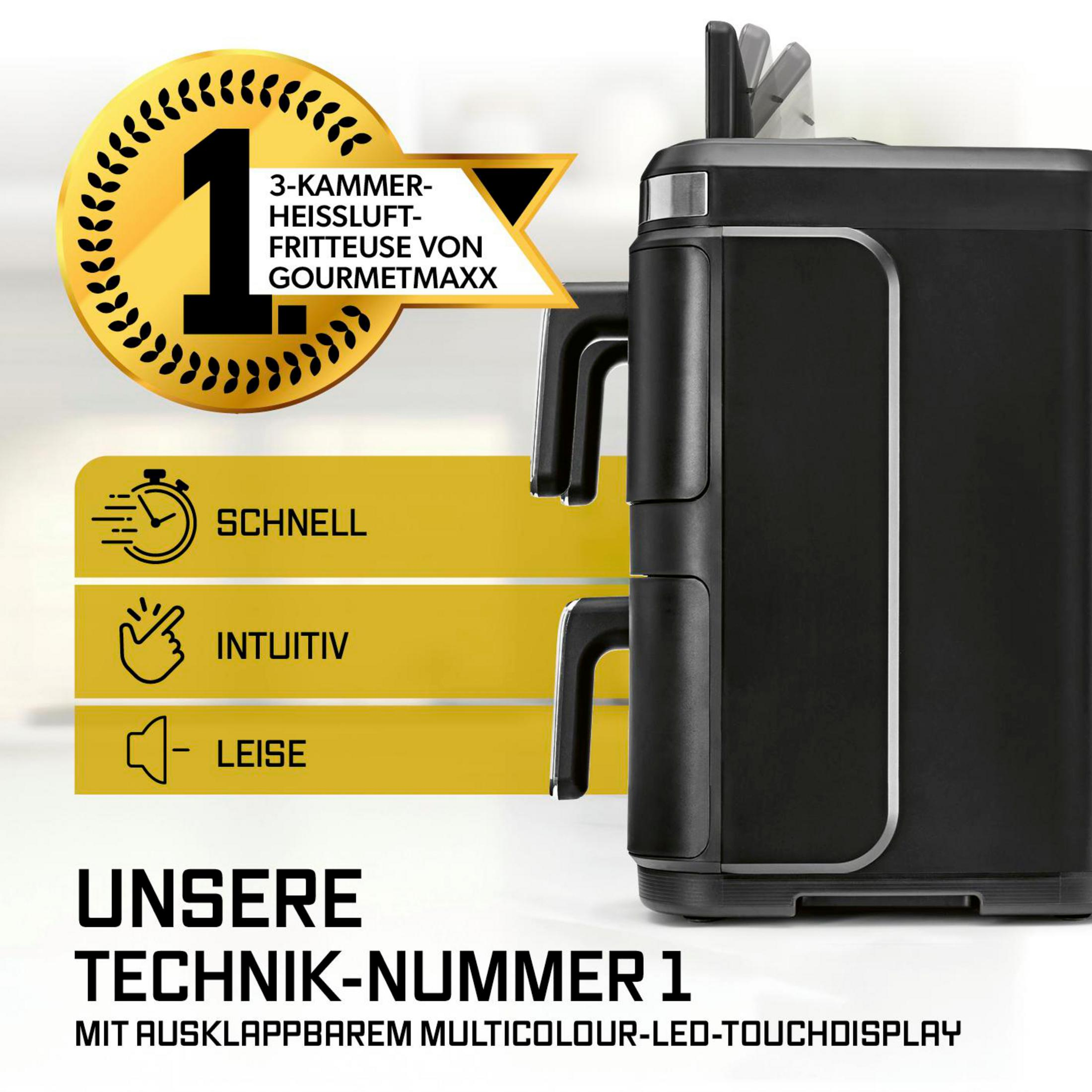 Schwarzer Heißluftfritteuse mit gelben Info-Boxen: Schnell, Intuitiv, Leise.