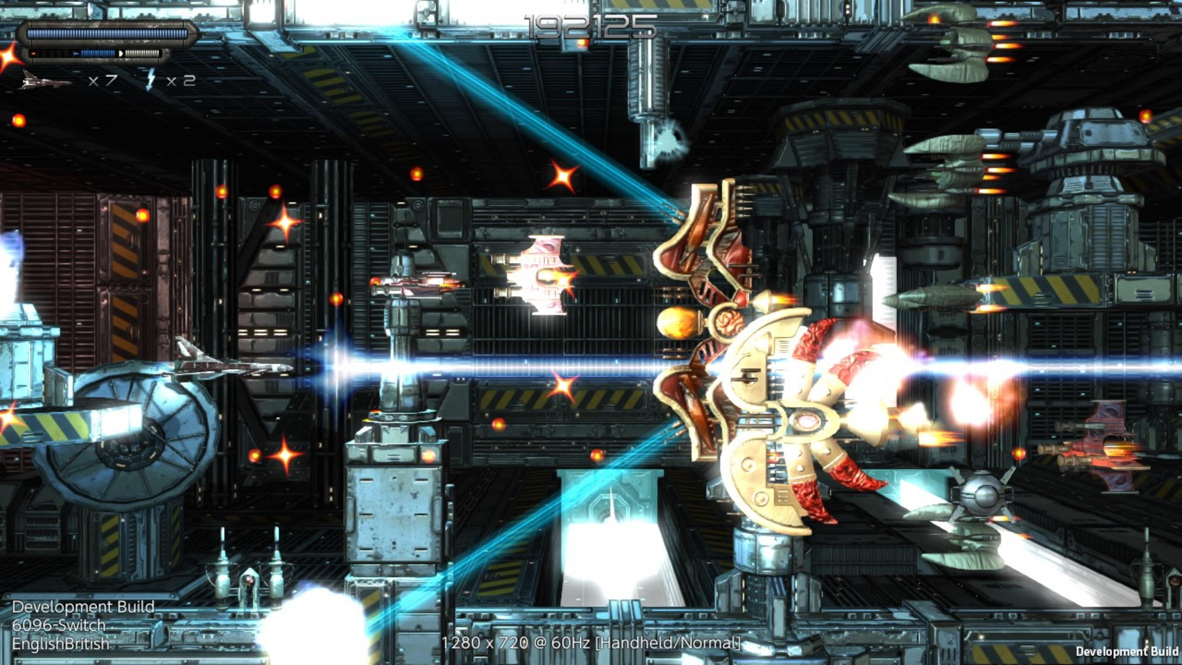 Ein Raumschiff-Kampfspiel mit Lasern und explodierenden Schiffen in einer Industrieumgebung.