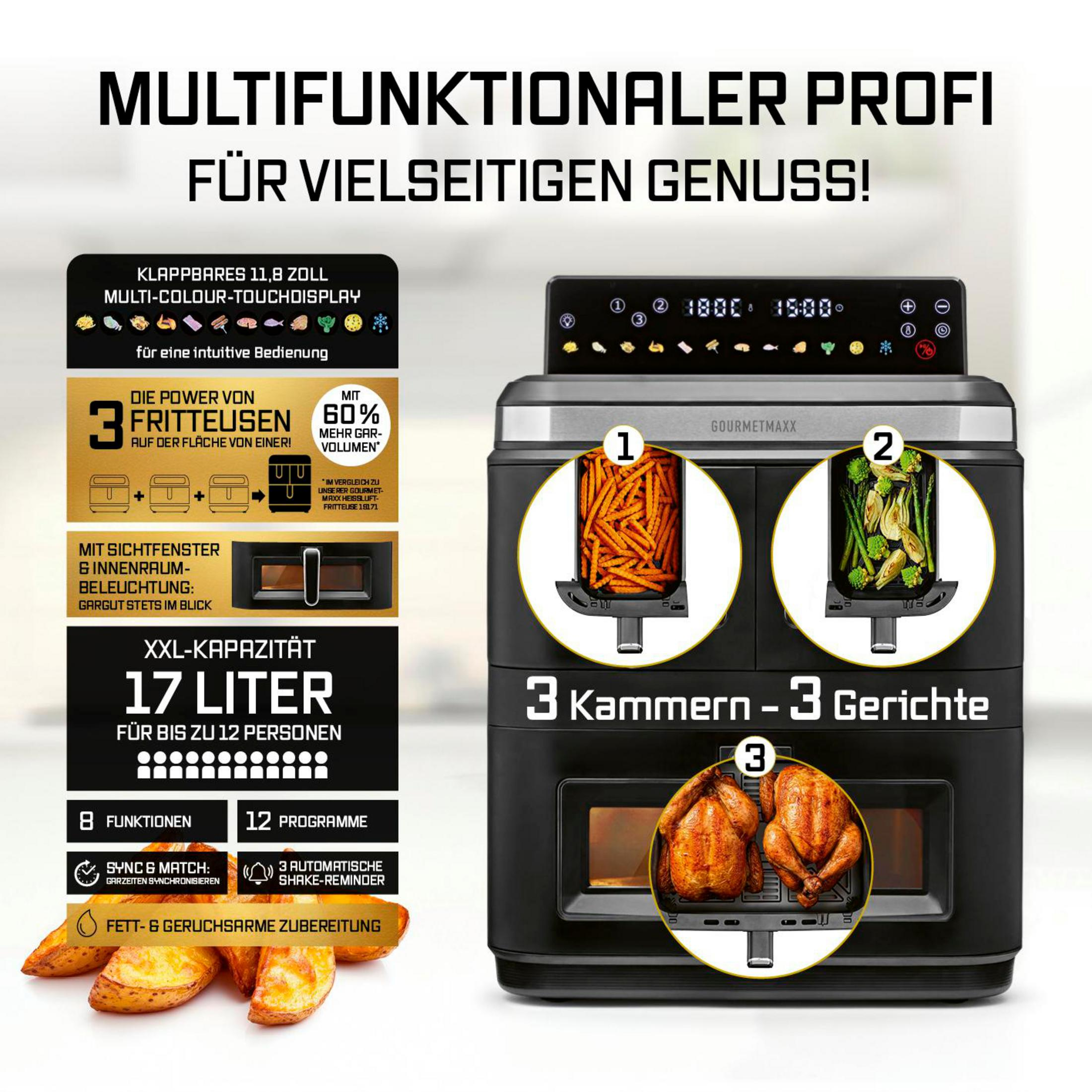 Ein multifunktionaler Ofen mit drei Kammern, der Pommes, Gemüse und Brathähnchen zubereitet.