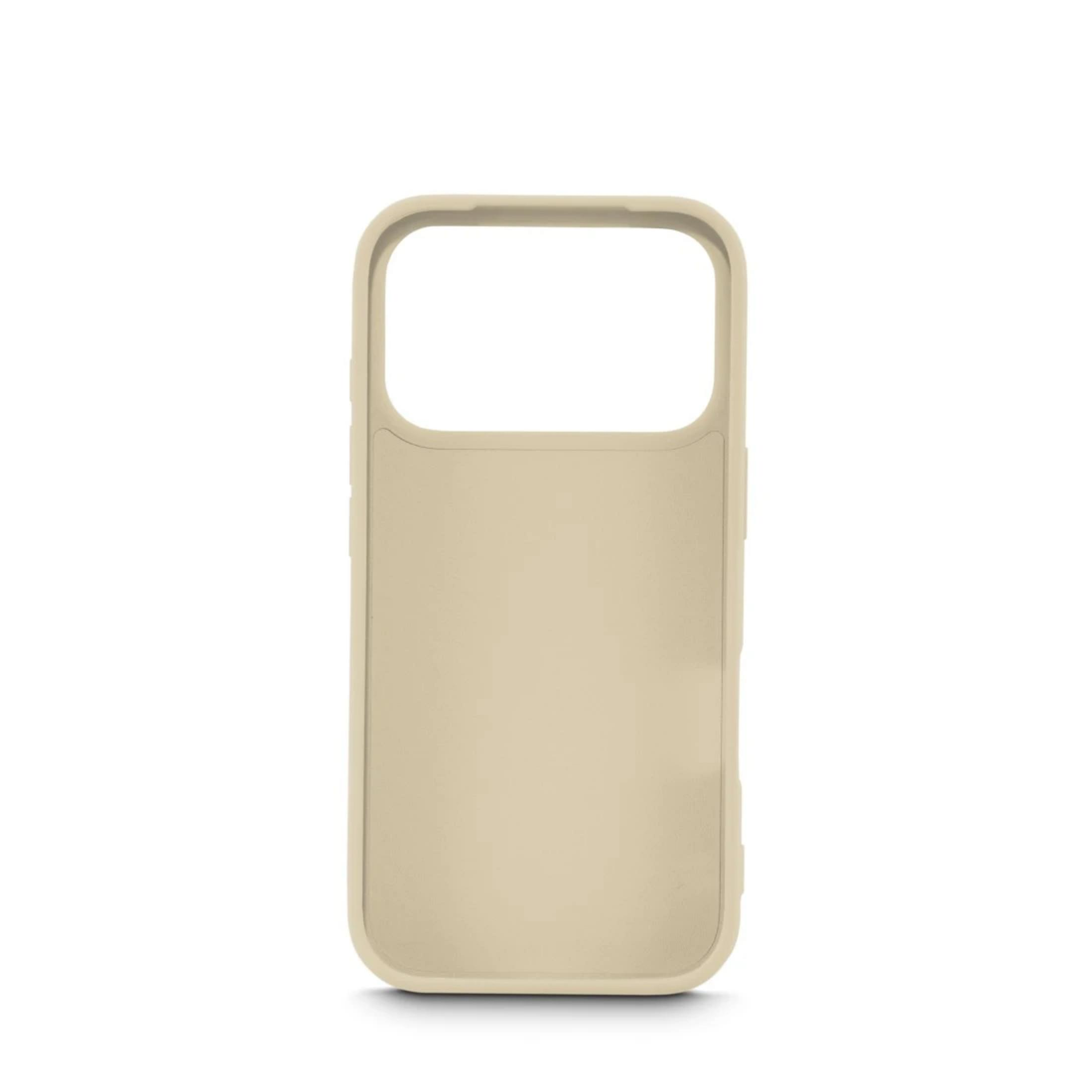 Eine beige Handyhülle mit einem rechteckigen Ausschnitt auf der Oberseite.