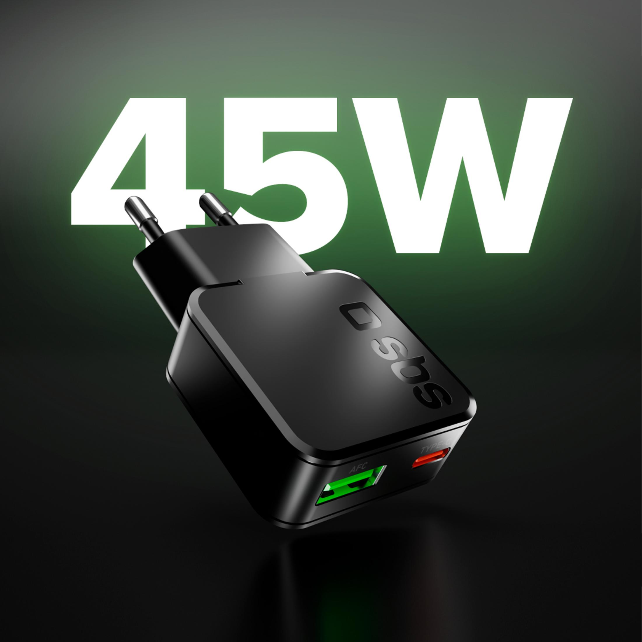 Caricatore USB nero da 45W con porte AFC e Type-C.