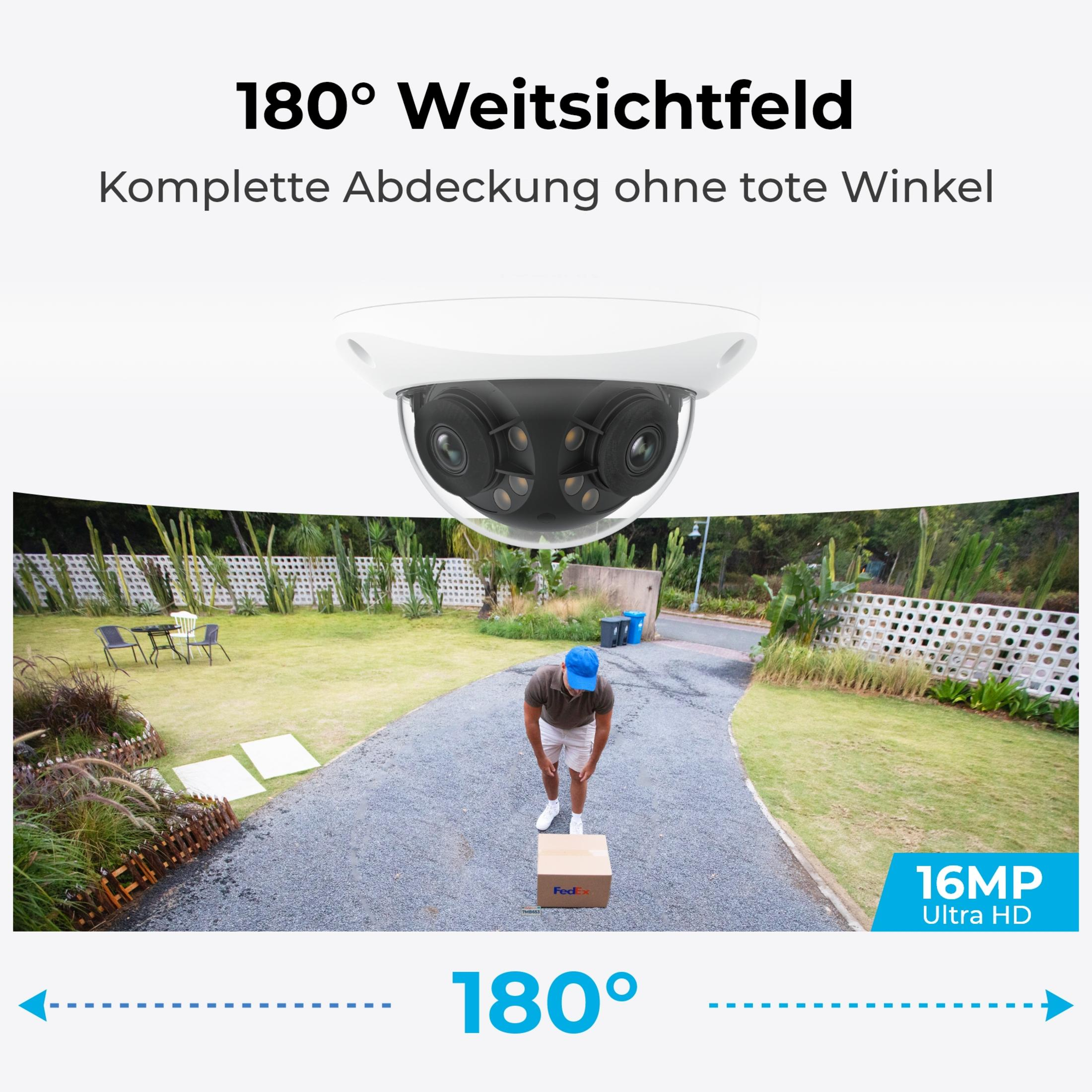 Kamera bezpieczeństwa z polem widzenia 180° pokazuje mężczyznę, paczkę i ogród. 16MP Ultra HD.