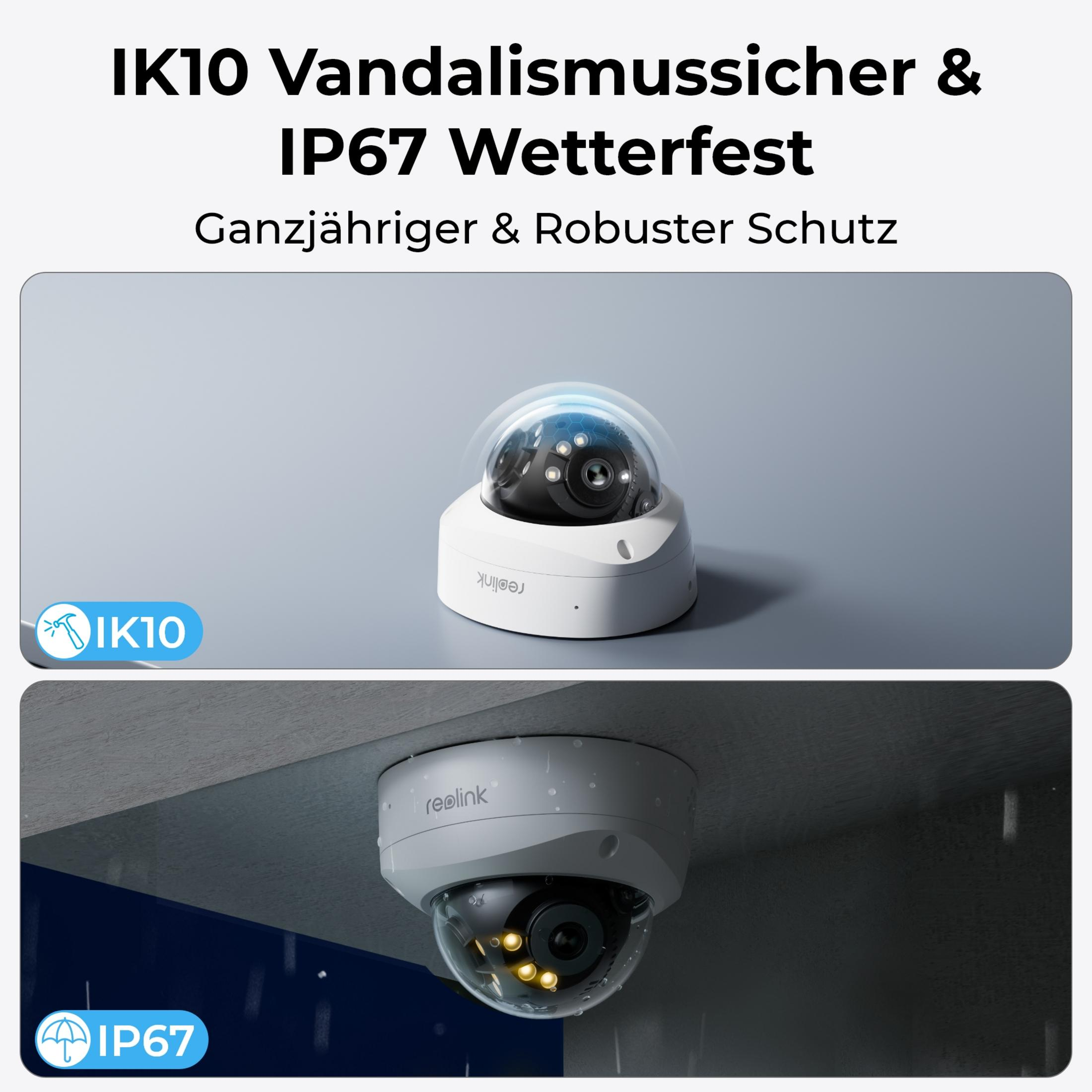 Biała kamera bezpieczeństwa pod szkłem i w deszczu. IK10 i IP67.