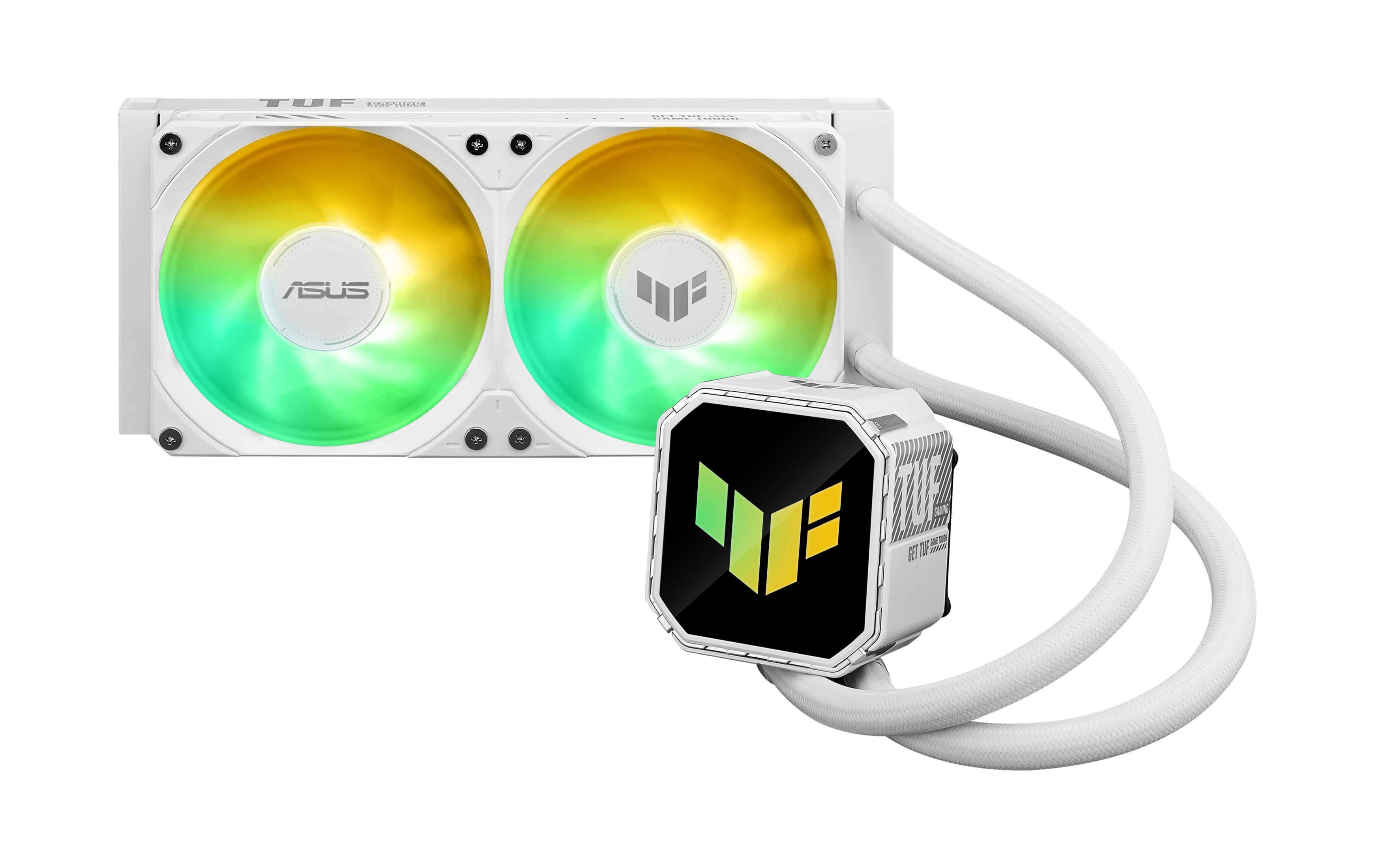 Un refroidisseur CPU blanc avec deux ventilateurs éclairés et une unité de pompe carrée.