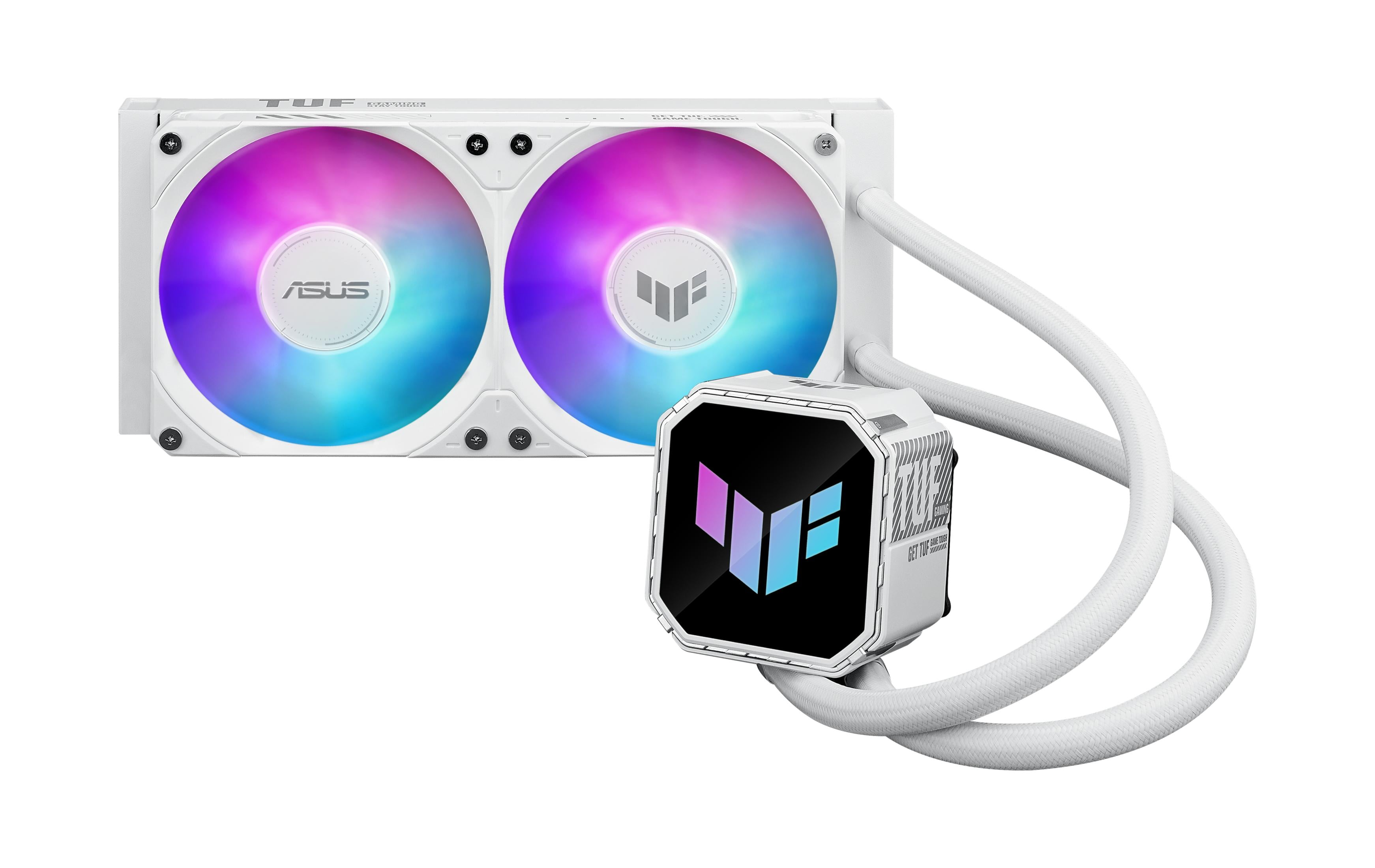 Un ventilateur PC blanc avec éclairage RGB et un refroidisseur d'eau.