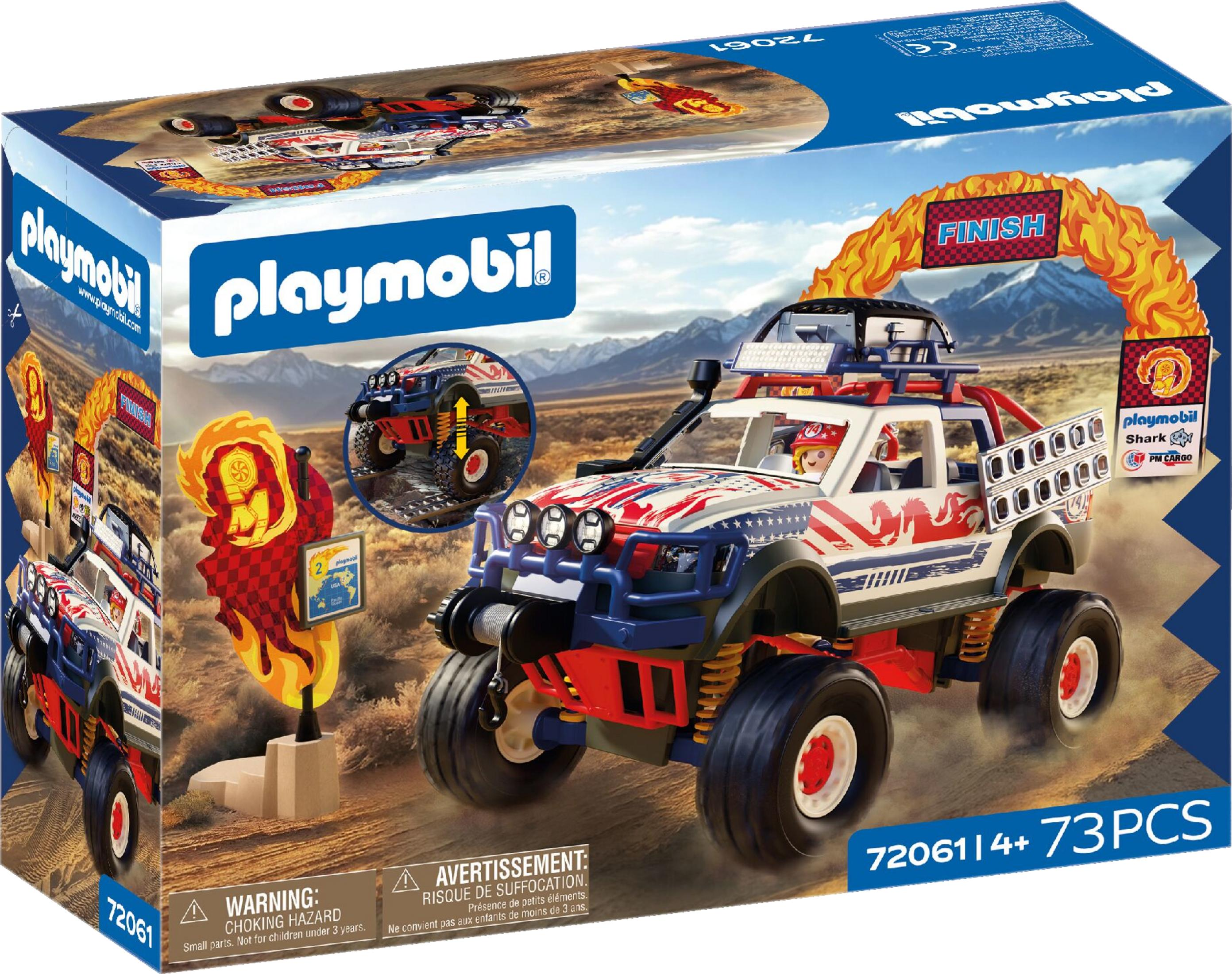 Caja de Playmobil con un monster truck rojo, blanco y azul en una escena de carrera desértica con llamas.