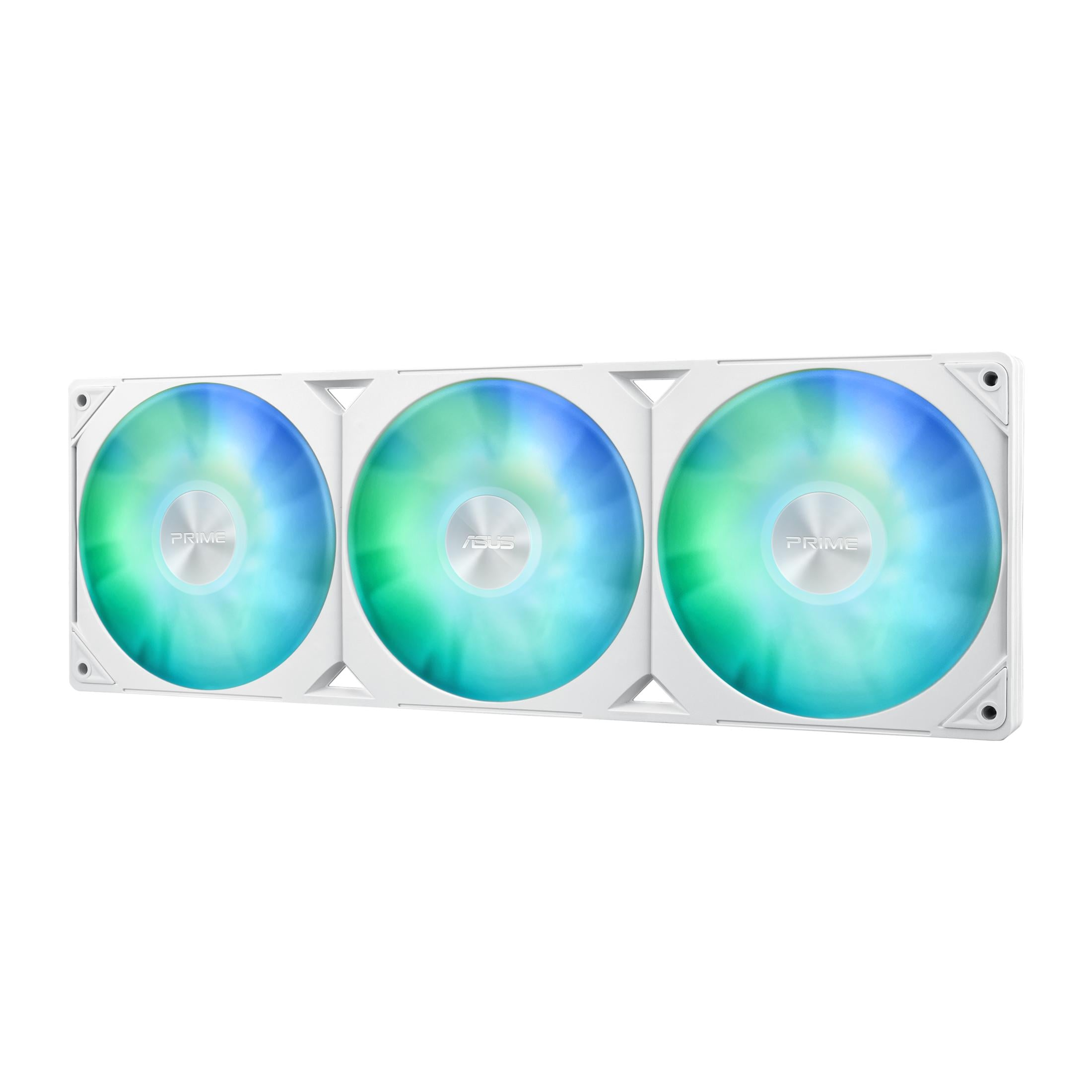 Drie witte computerfans met blauwe en groene RGB-verlichting.