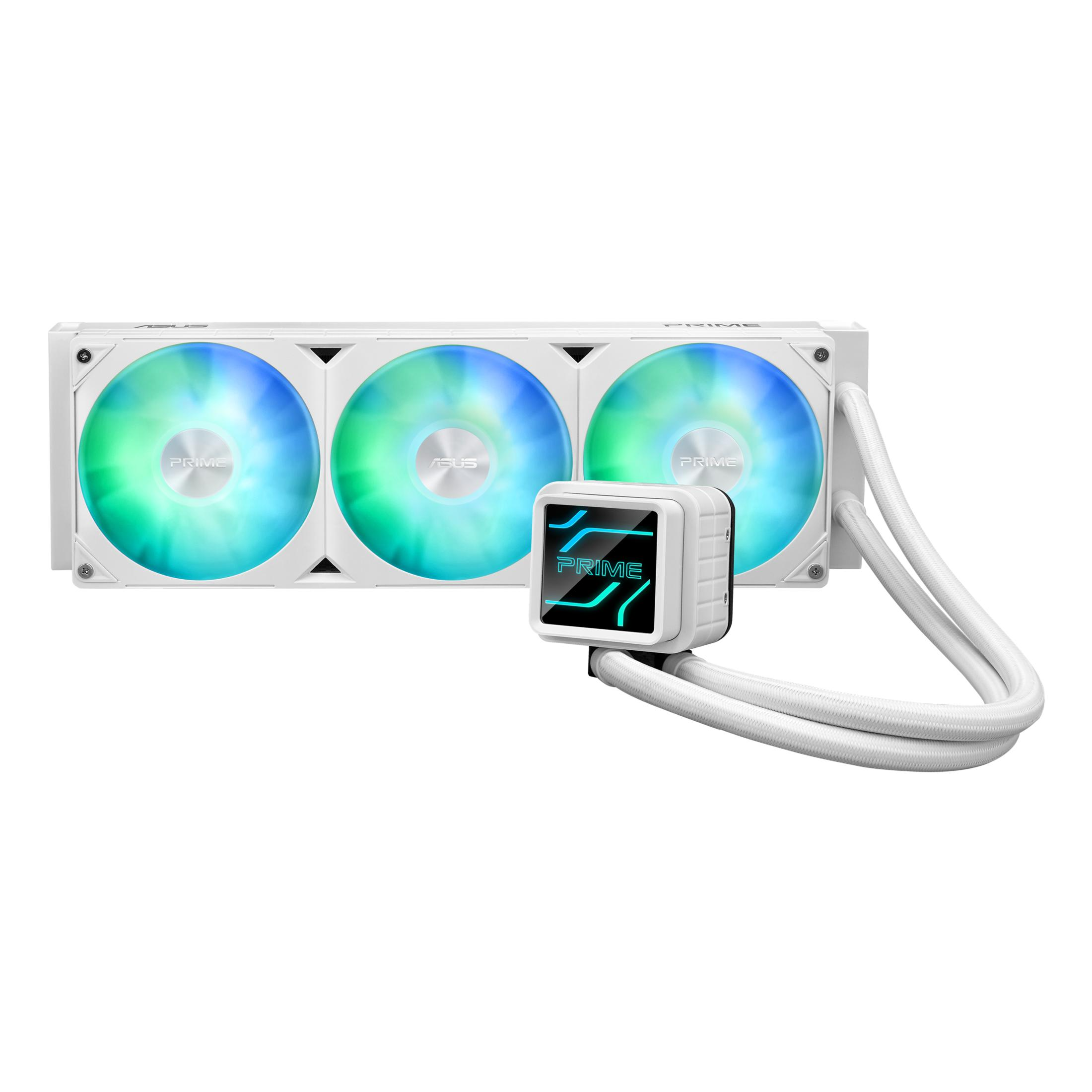 Een witte CPU-koeler met drie ventilatoren en RGB-verlichting.