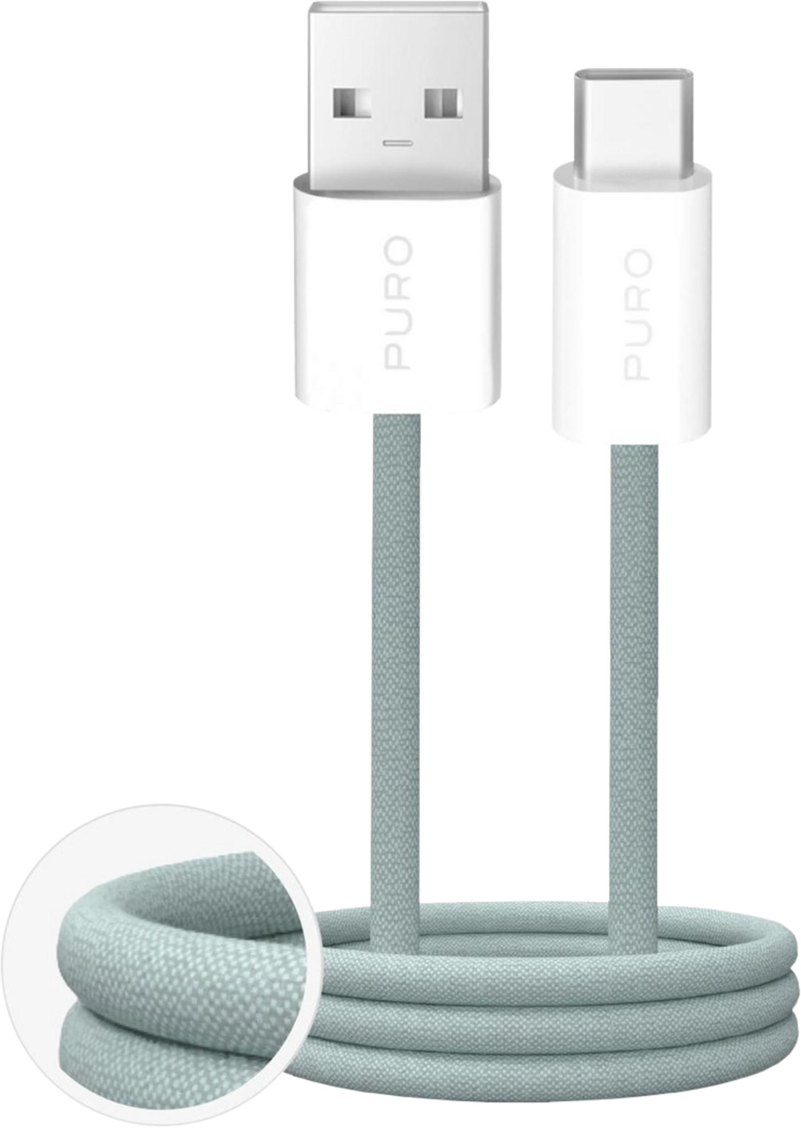 Un cavo USB-A a USB-C bianco con logo PURO, arrotolato.