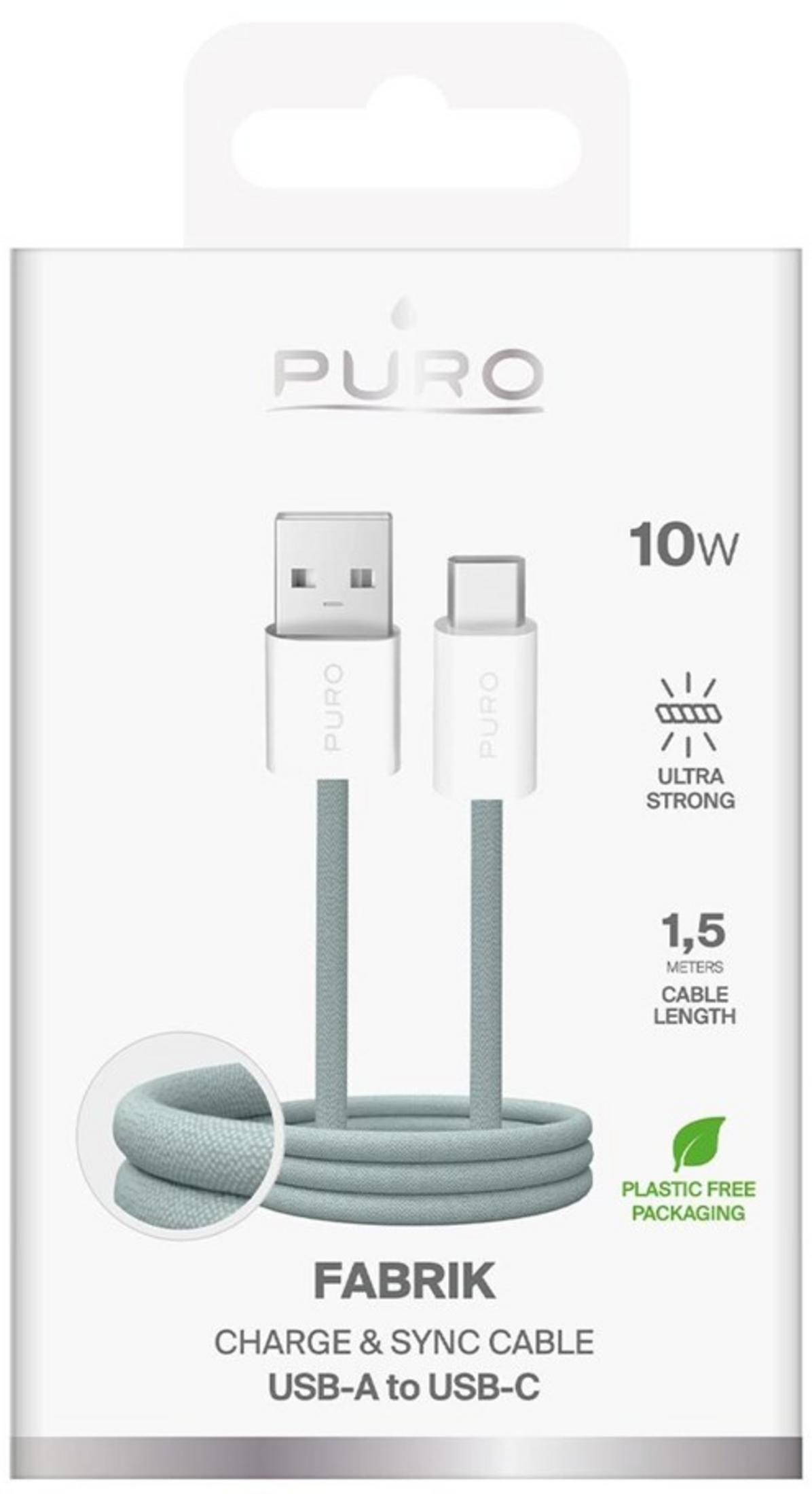 Un cavo di ricarica PURO da USB-A a USB-C, lungo 1,5m, verde chiaro.