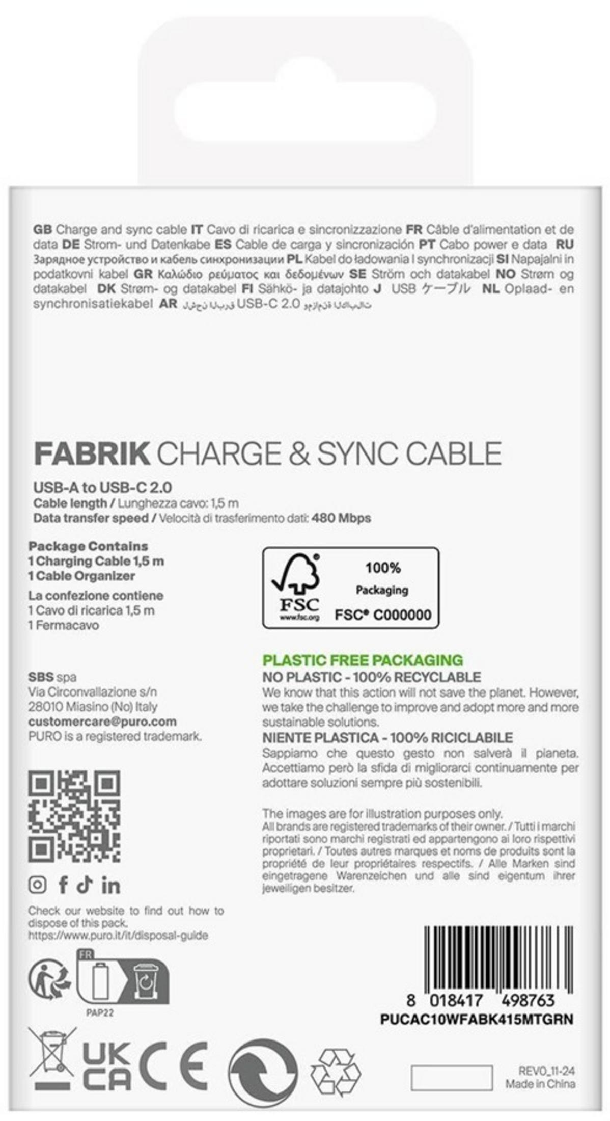 Confezione di un cavo di ricarica USB-A a USB-C 2.0 con logo FSC.