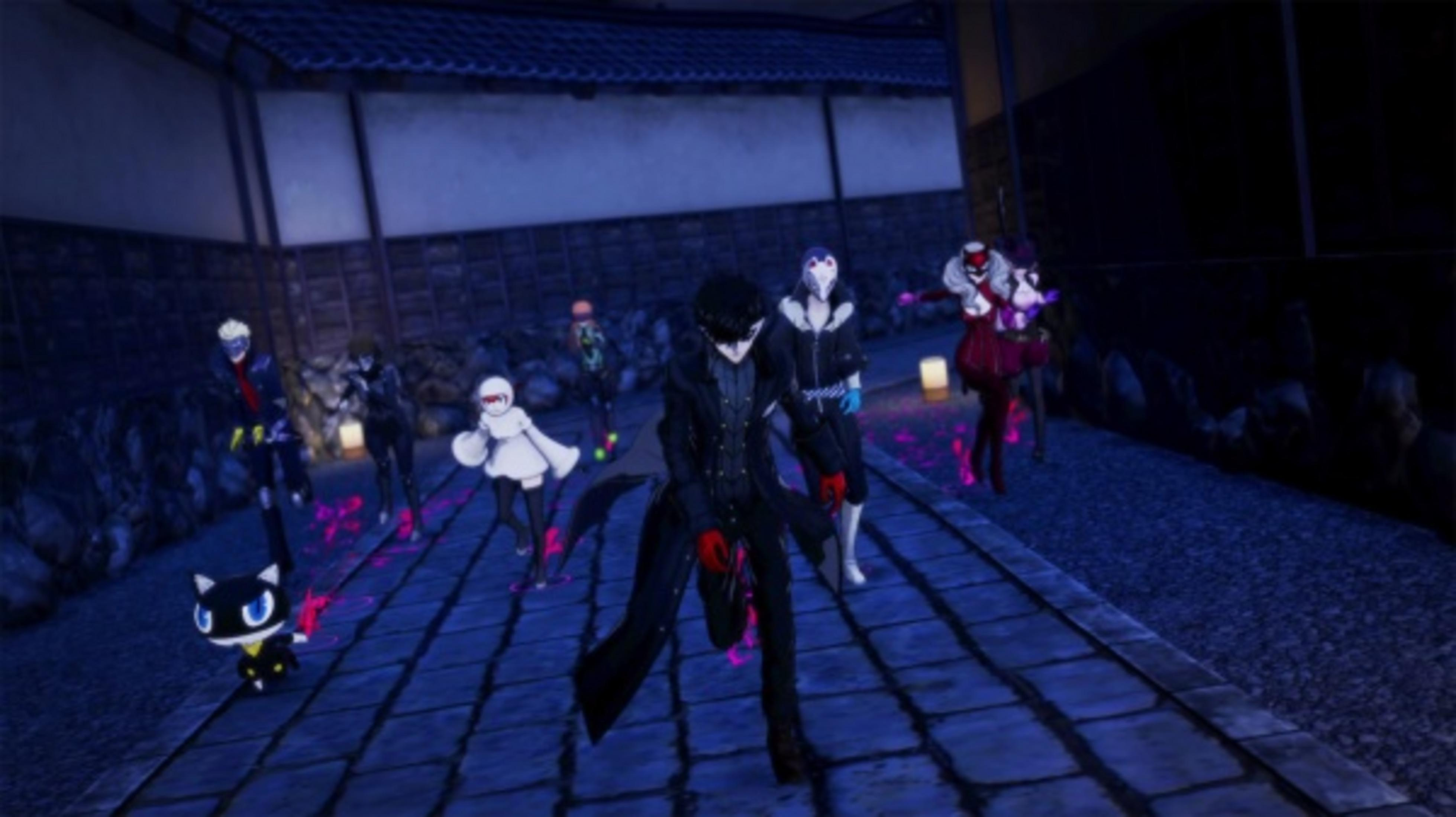 Un groupe de personnages d'anime en tenues noires et blanches se tient sur un chemin pavé la nuit.