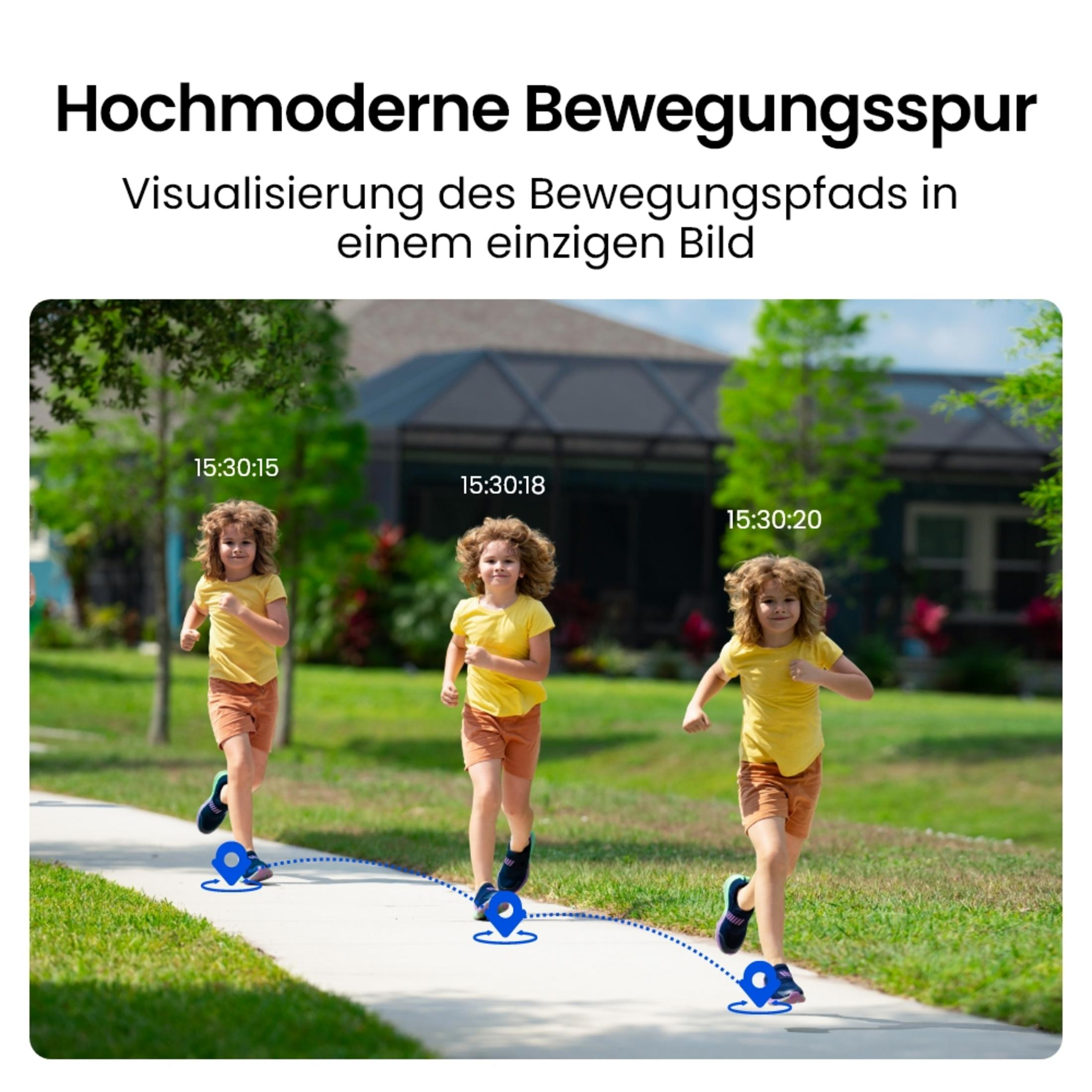 Drei Aufnahmen desselben Kindes, das auf einem Gehweg läuft, mit Zeitstempeln.