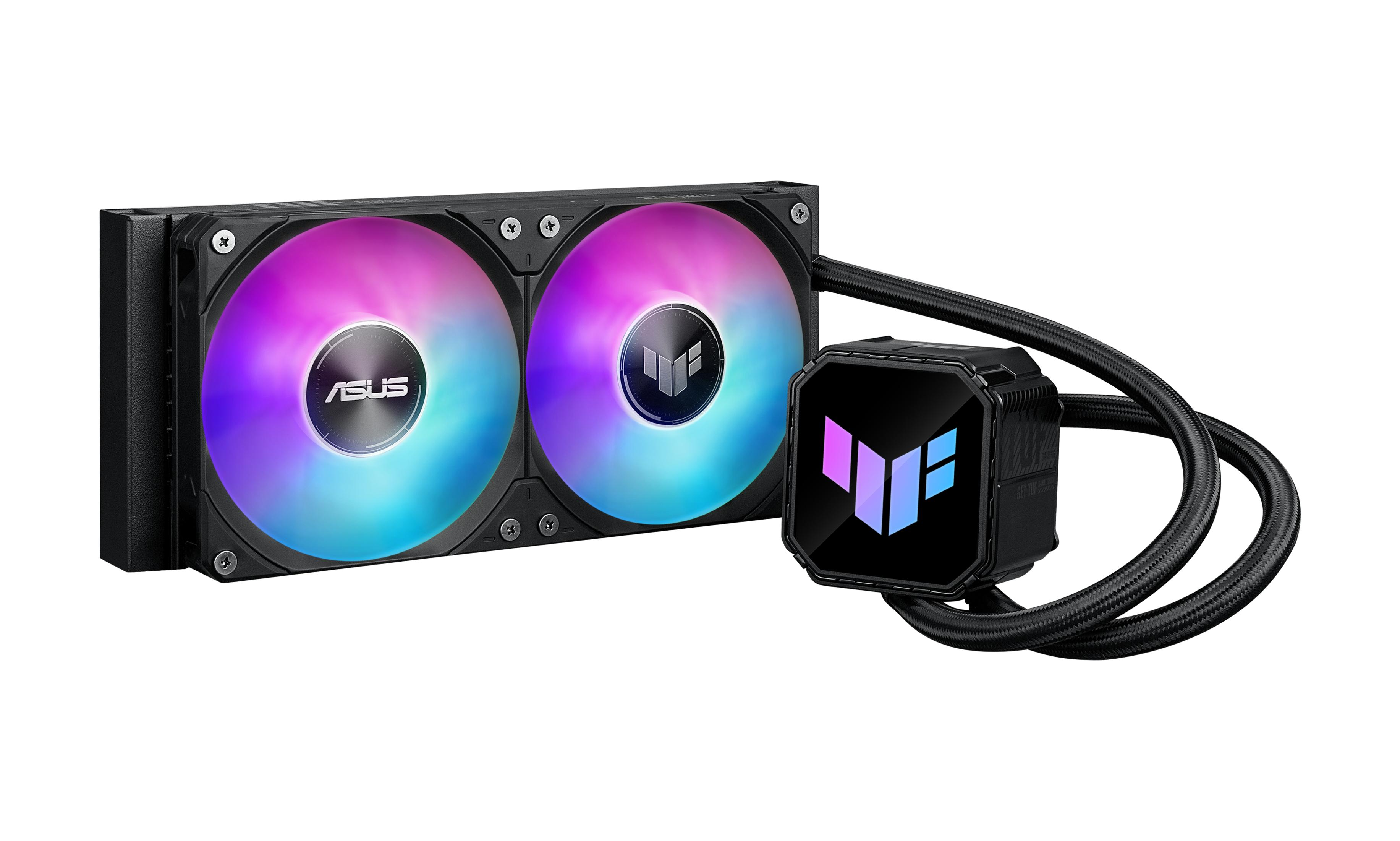 Refrigerador líquido ASUS TUF Gaming con dos ventiladores RGB y unidad de bomba negra.