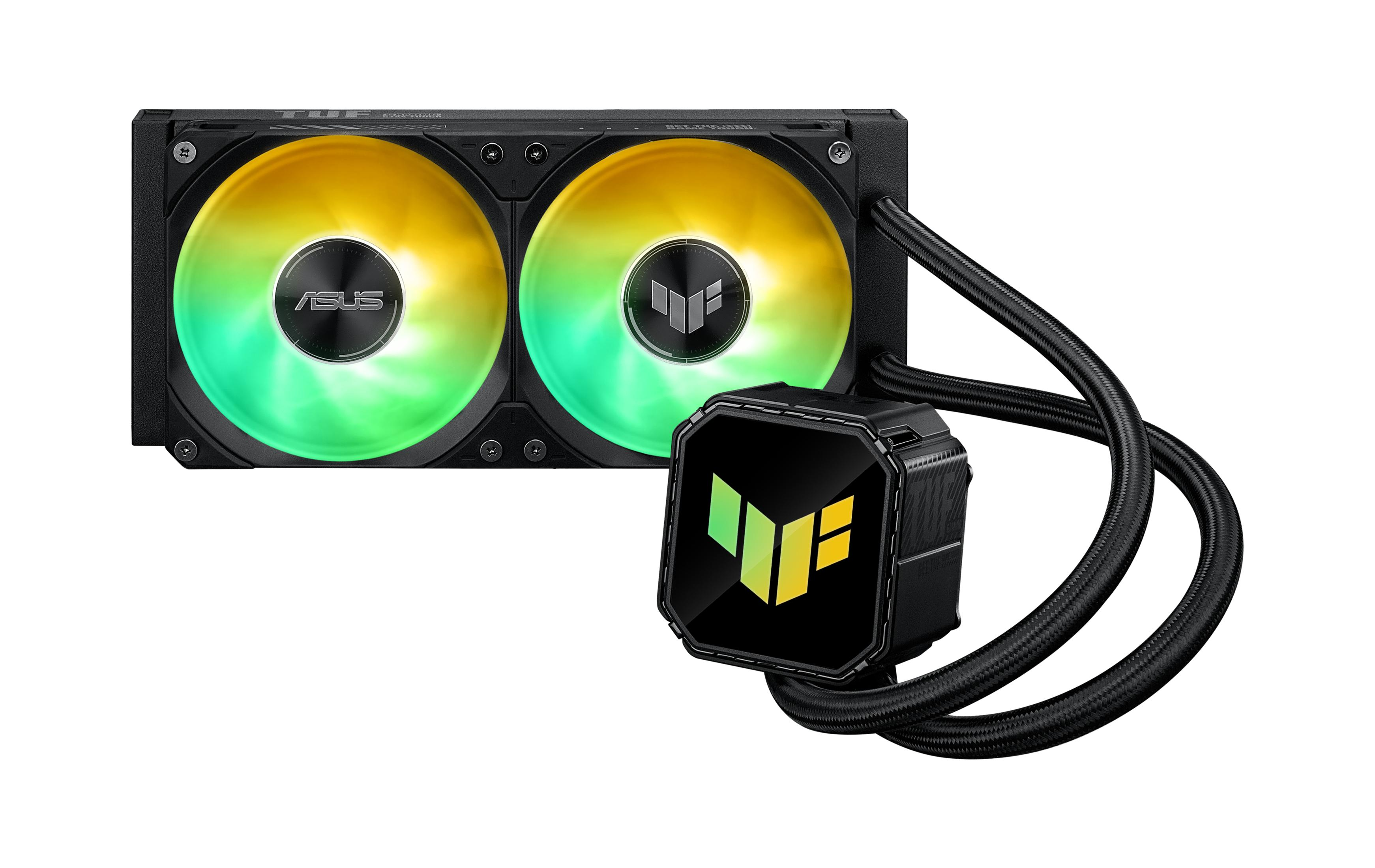 Un enfriador de CPU con dos ventiladores RGB y una unidad de bomba negra con cables.