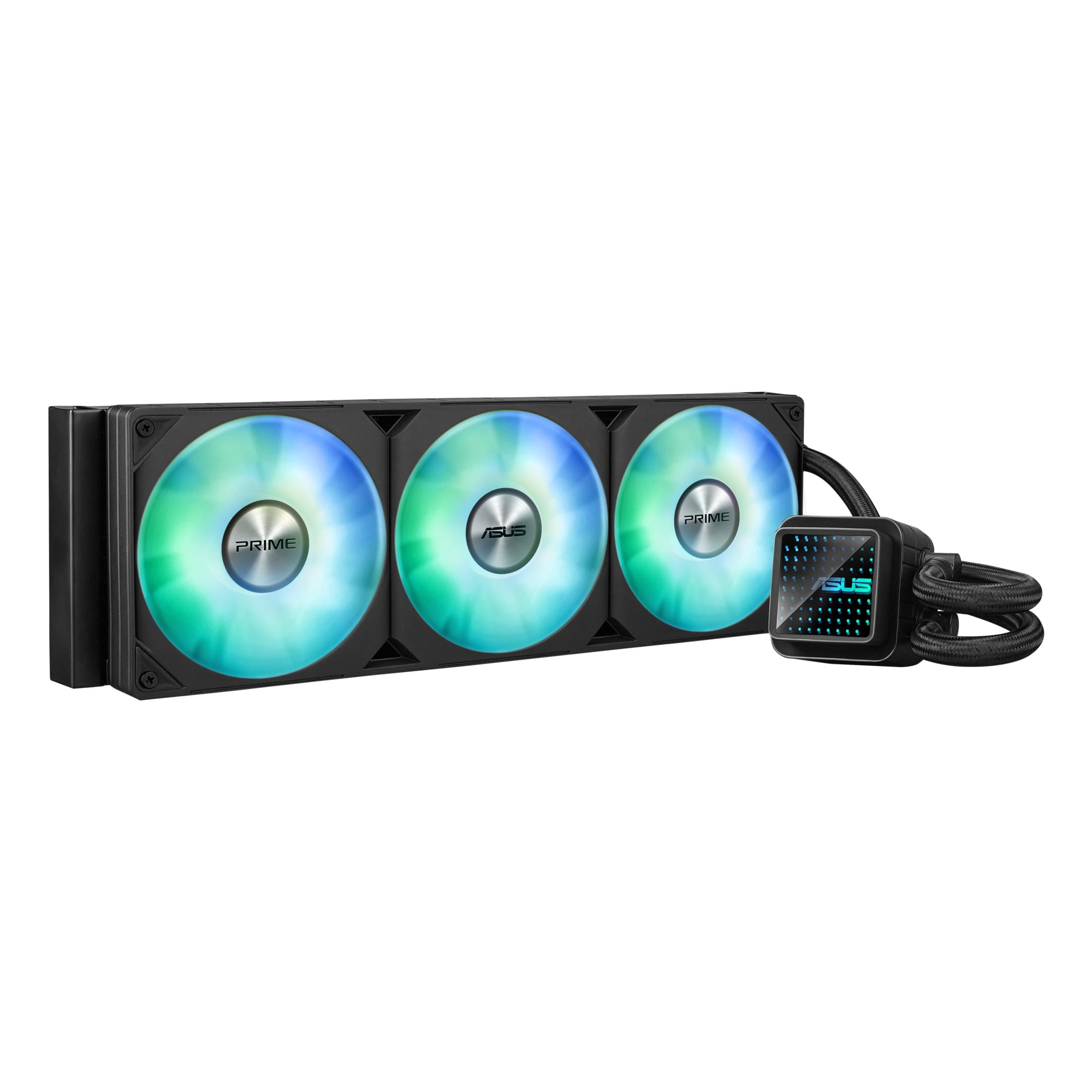 Een zwarte CPU-koeler met drie verlichte ventilatoren en een vierkante pompkast.