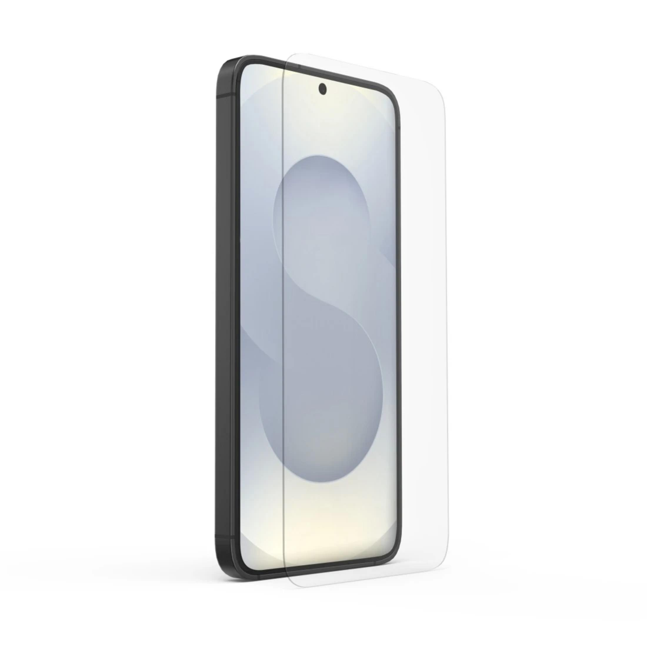 Smartfon z osłoną ekranu, stojący na białym tle.