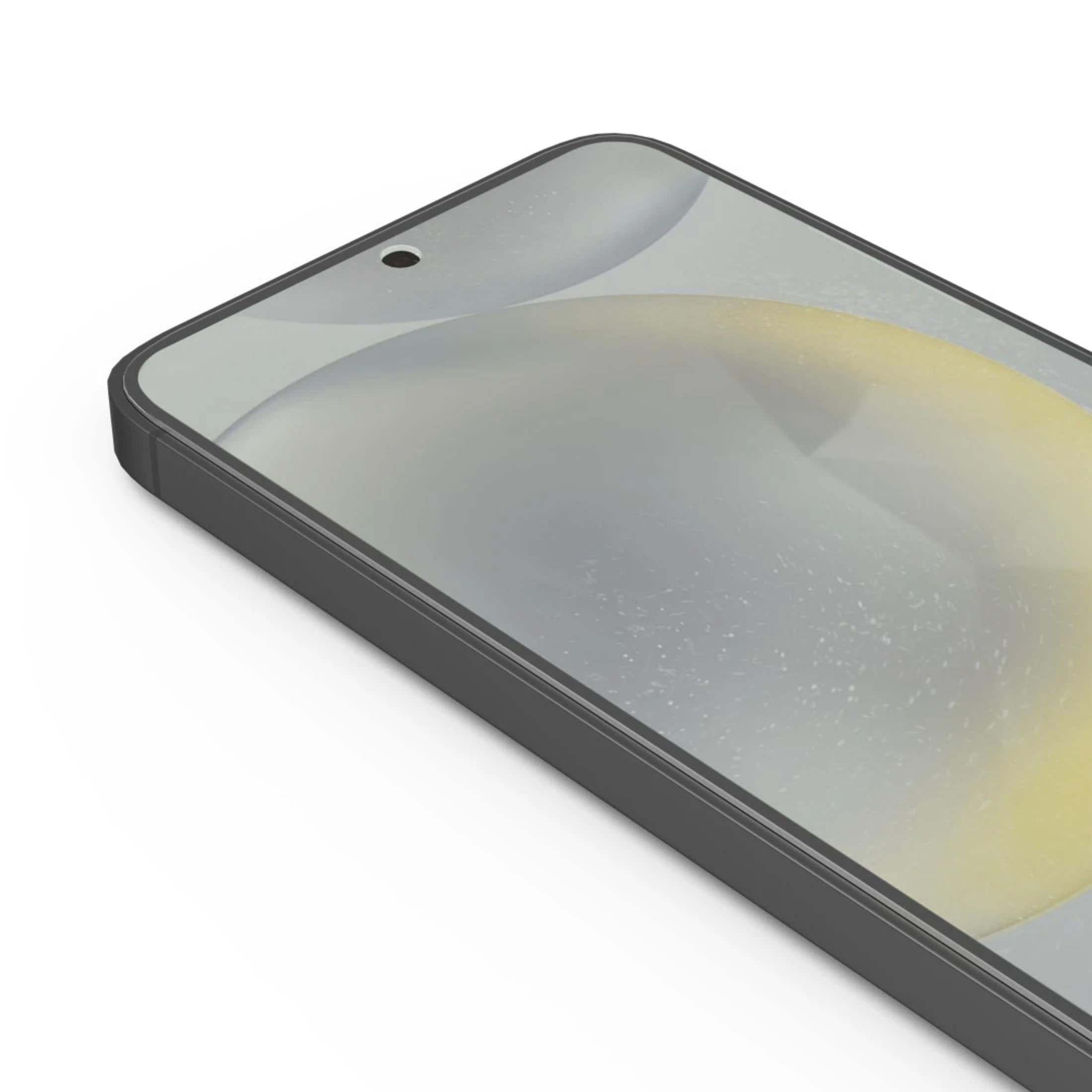 Ciemnoszary smartfon z zaokrąglonym ekranem, pokazujący rozmyte abstrakcyjne żółte i szare tło.
