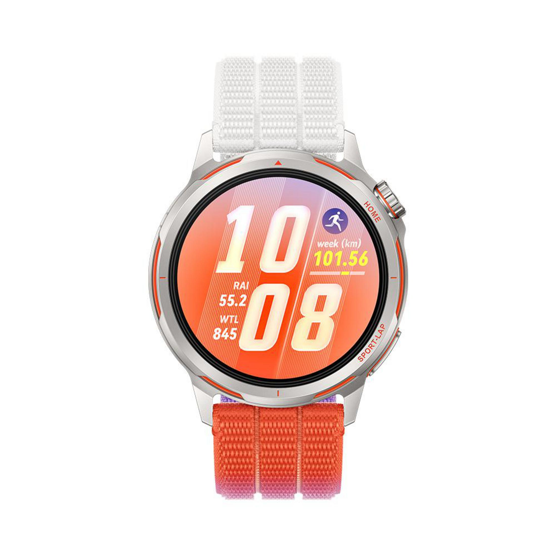 Smartwatch grigio con cinturini bianchi e arancioni. Il quadrante mostra le 10:08.