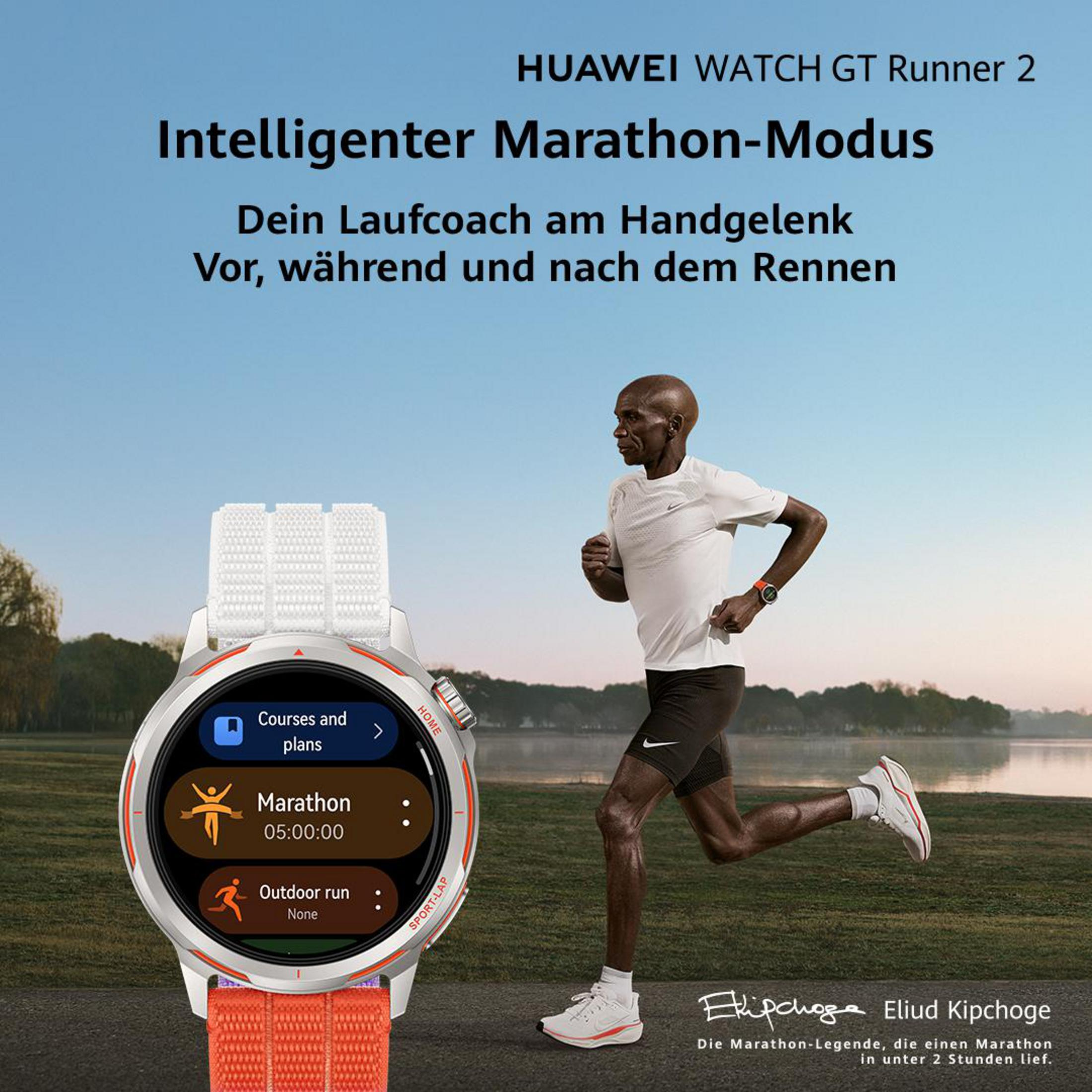 Un uomo che corre, accanto a uno smartwatch con display modalità maratona.