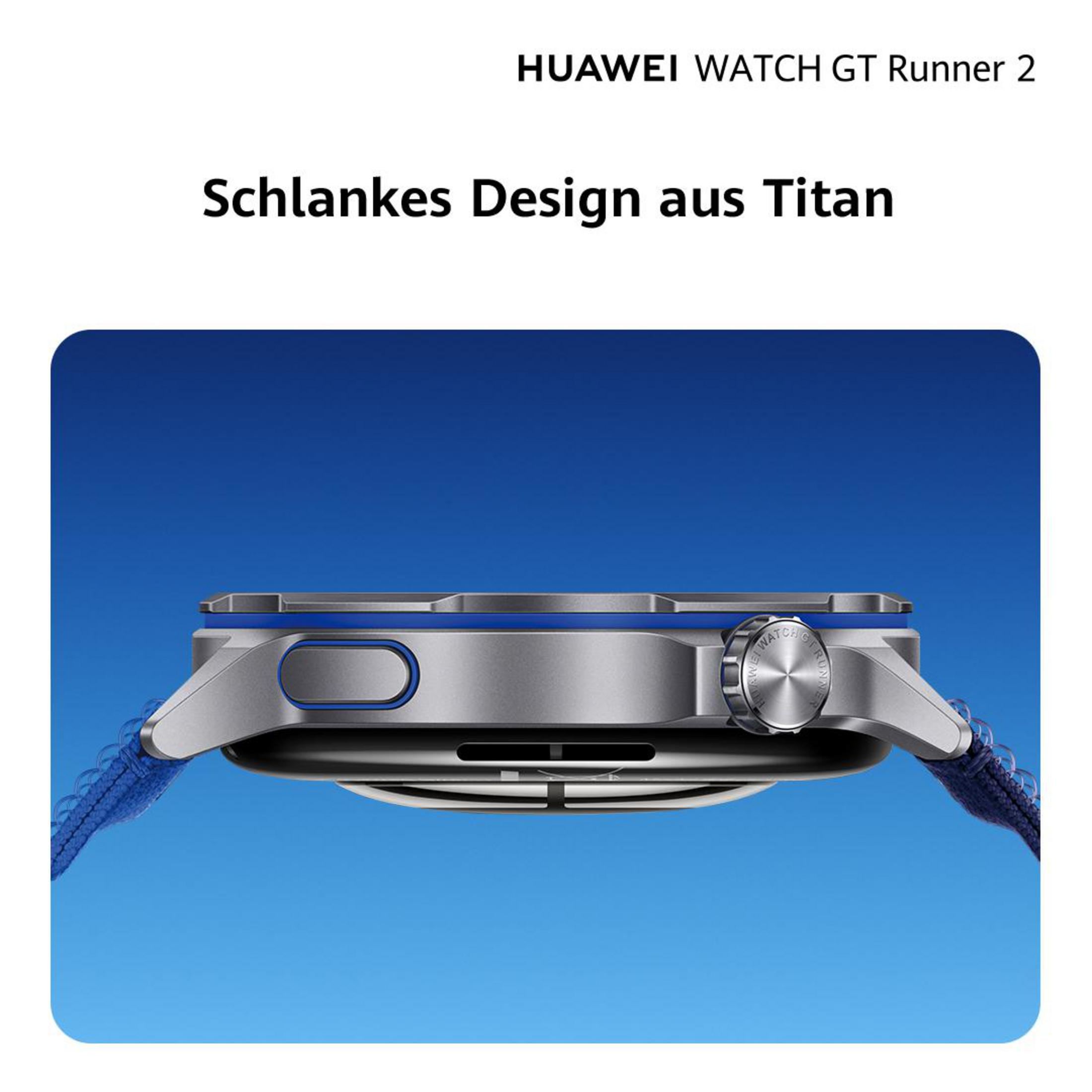 Uno smartwatch argentato con cinturino blu su sfondo blu.