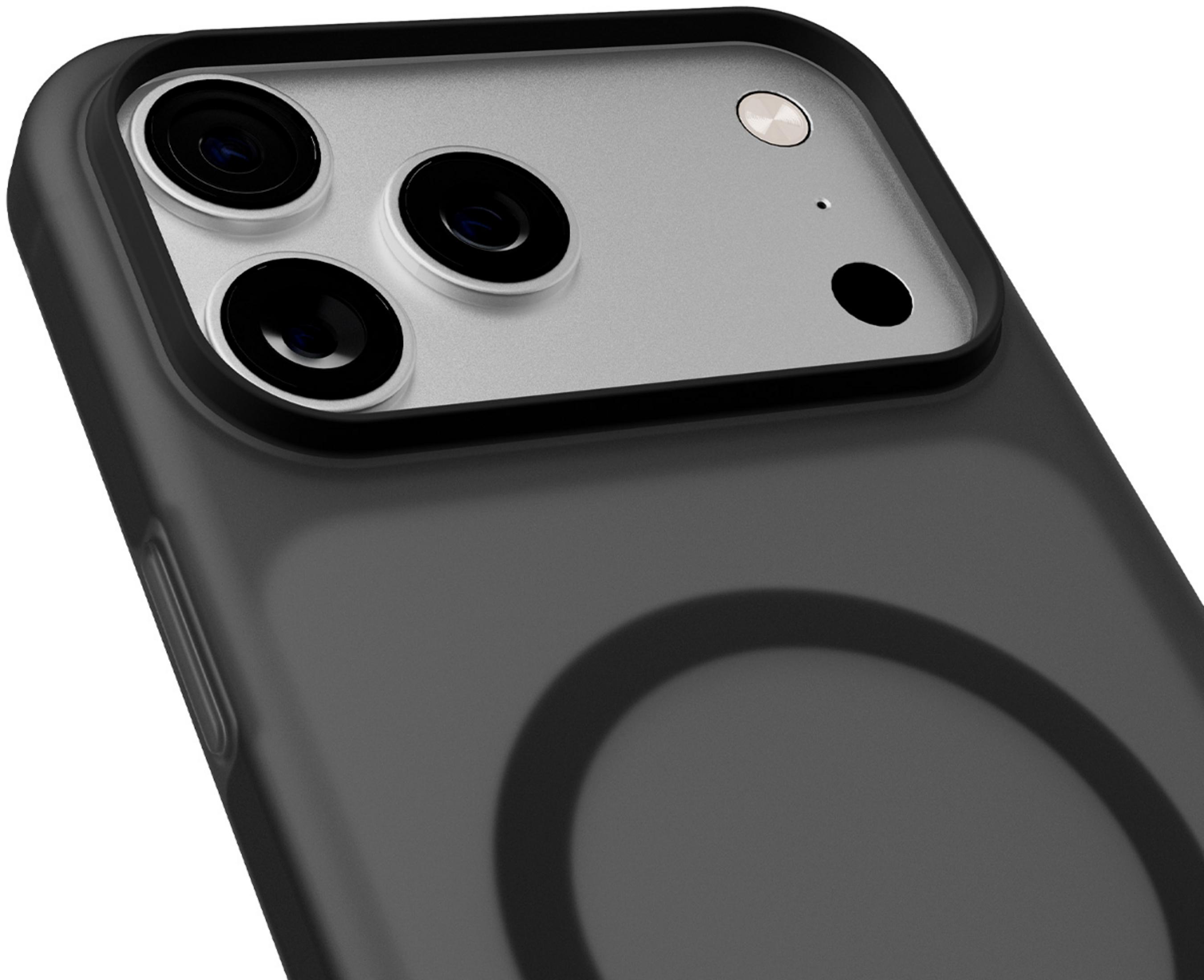 Custodia iPhone grigio scuro che mostra il modulo fotocamera con tre lenti.